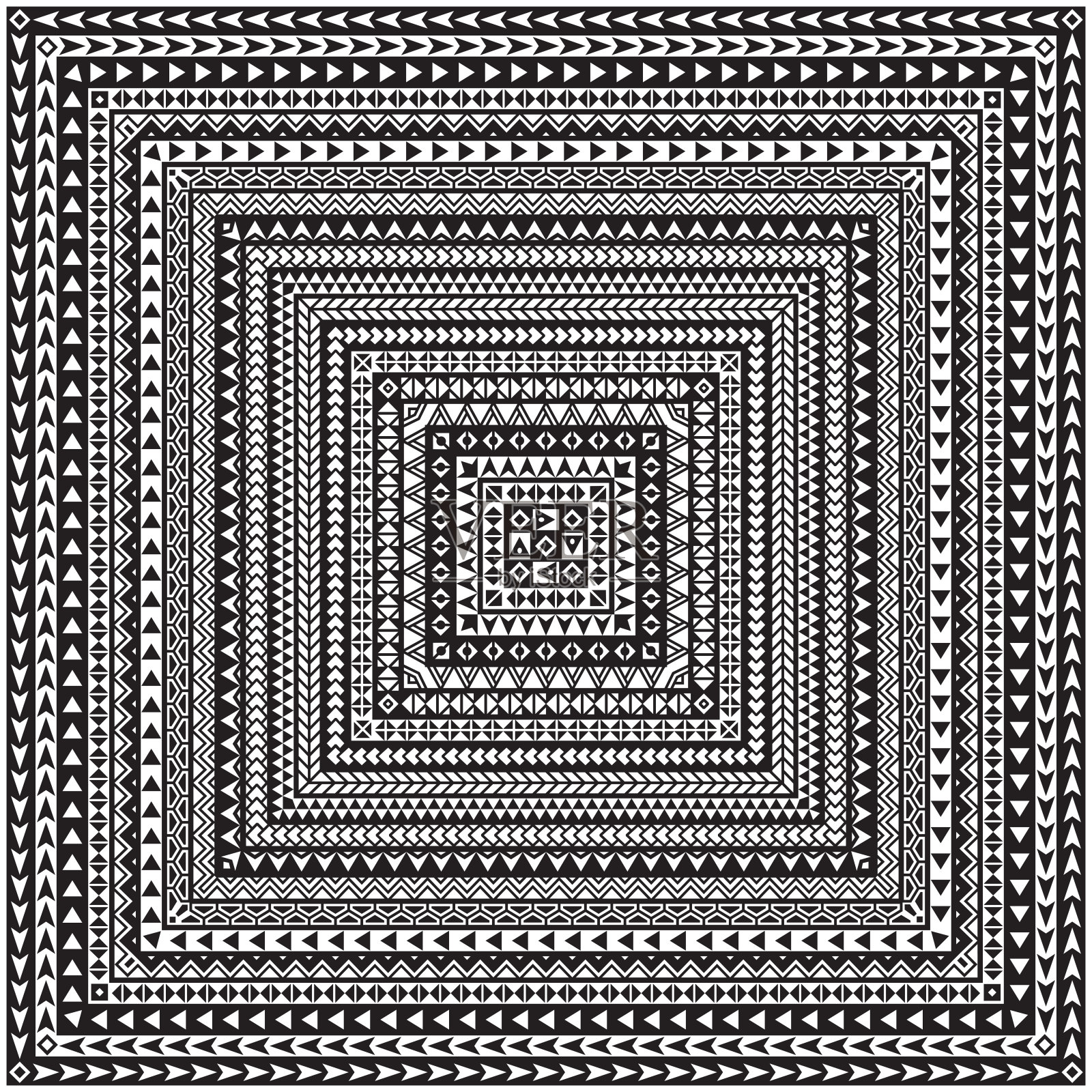 地毯方形印花毛利人民族几何图案，黑白华丽条纹。手帕，披肩，地毯，垫子，印花棉布毛巾，蜡染，部落边界。在画笔调色板上有20个图案画笔插画图片素材