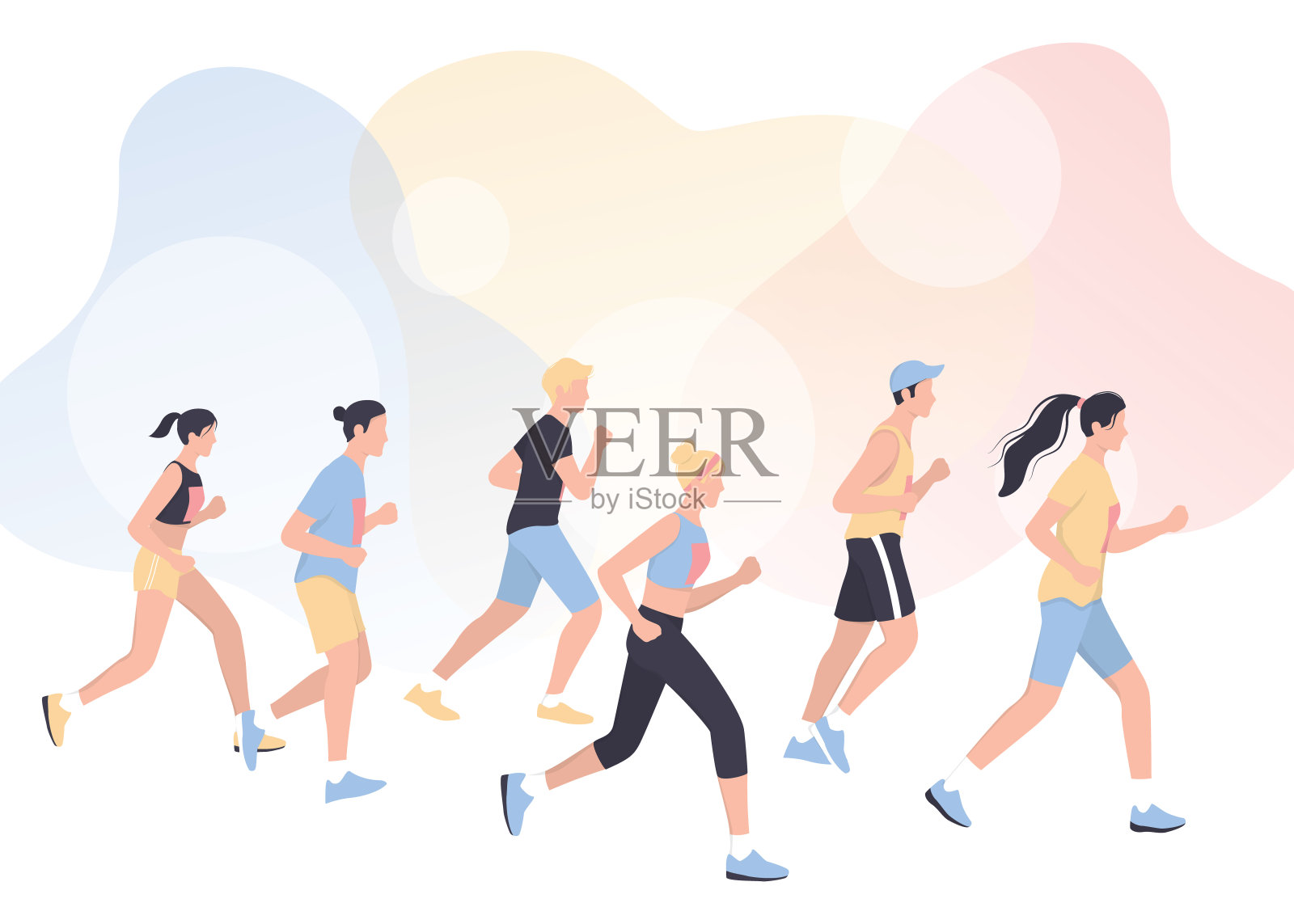 马拉松海报设计理念。人们跑马拉松，慢跑的男人和女人。插画图片素材