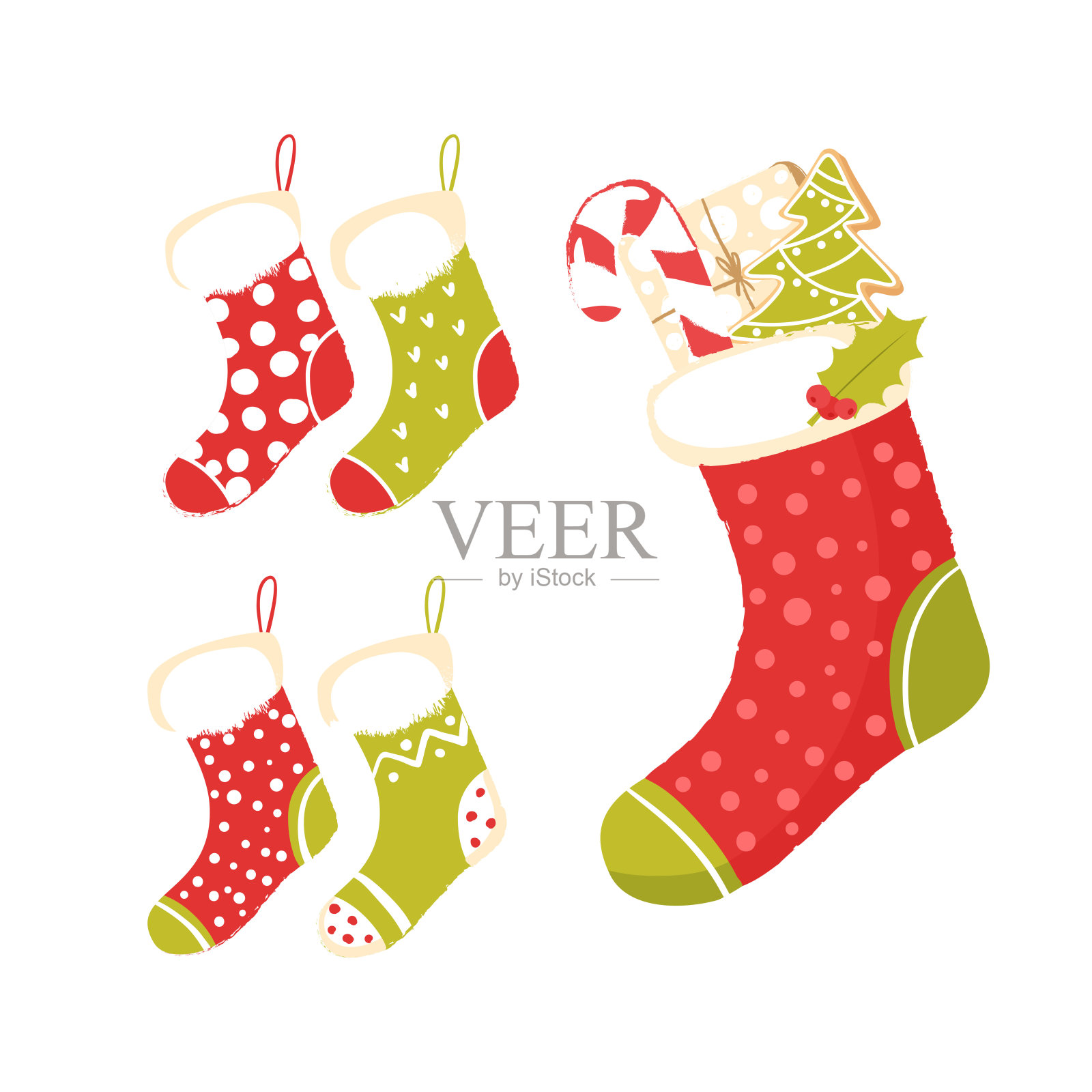 圣诞袜与礼物孤立在白色背景。圣诞礼物，糖果，冬青枝插画图片素材