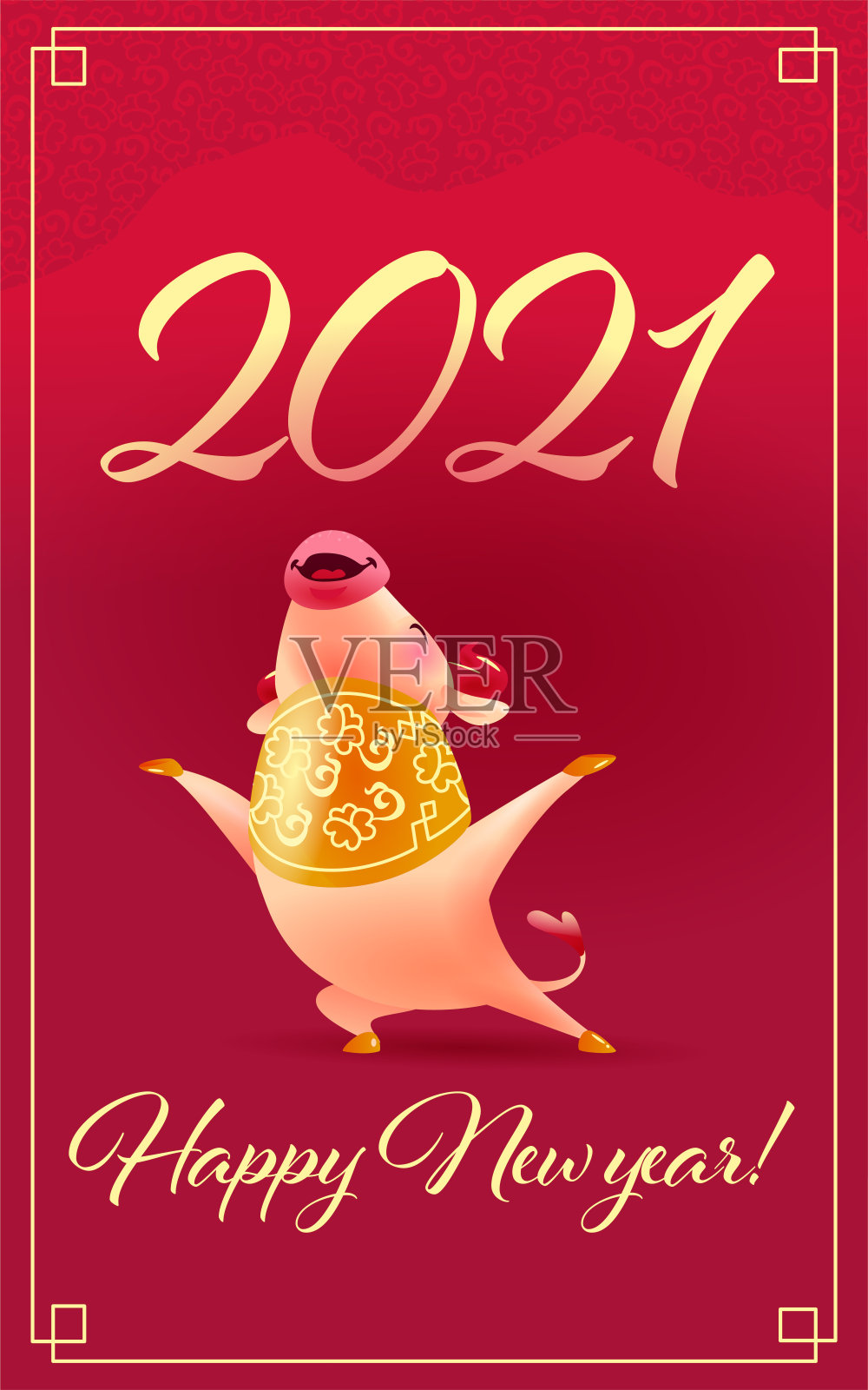 中国新年贺卡，邀请，日历设计与传统装饰元素和东方动物公牛吉祥物人物在红山背景。插画图片素材