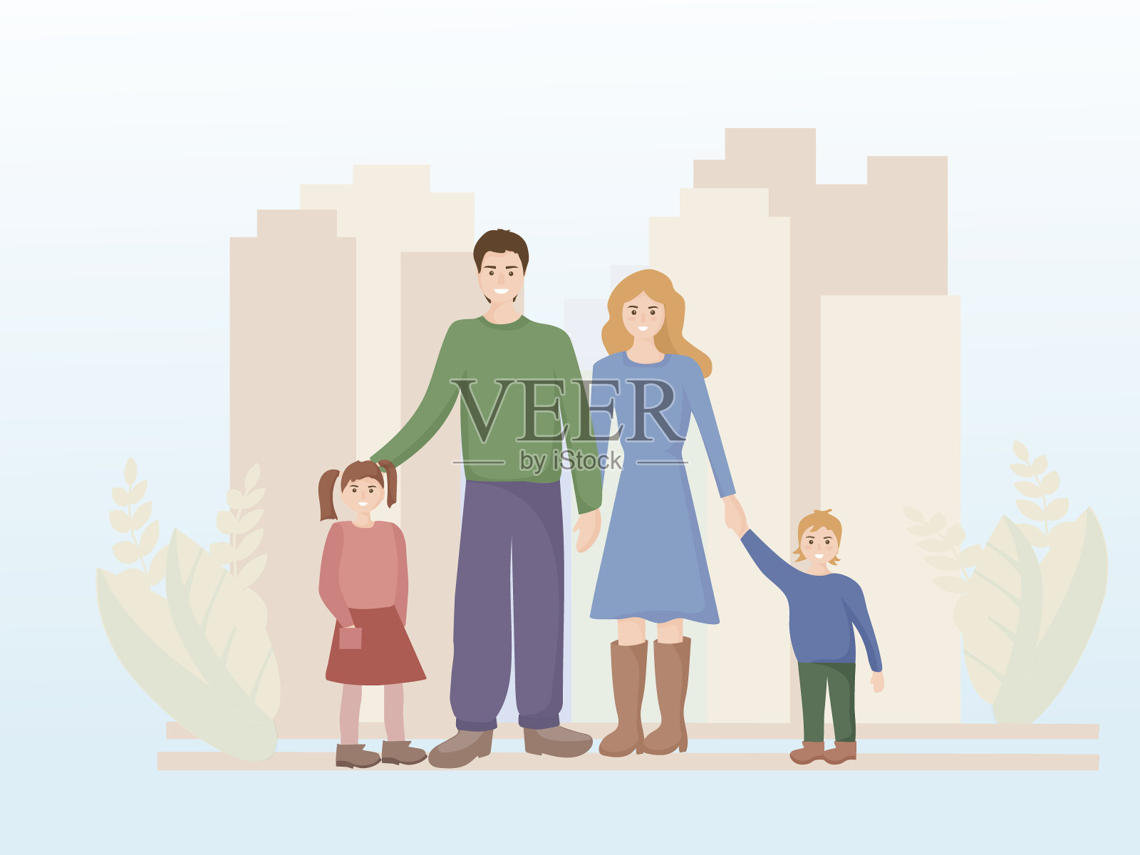 一个幸福家庭的肖像，背景是一个有着高楼大厦的大城市。爸爸，妈妈和两个孩子，儿子和女儿。人的微笑。爱的观念和家庭。向量插画图片素材