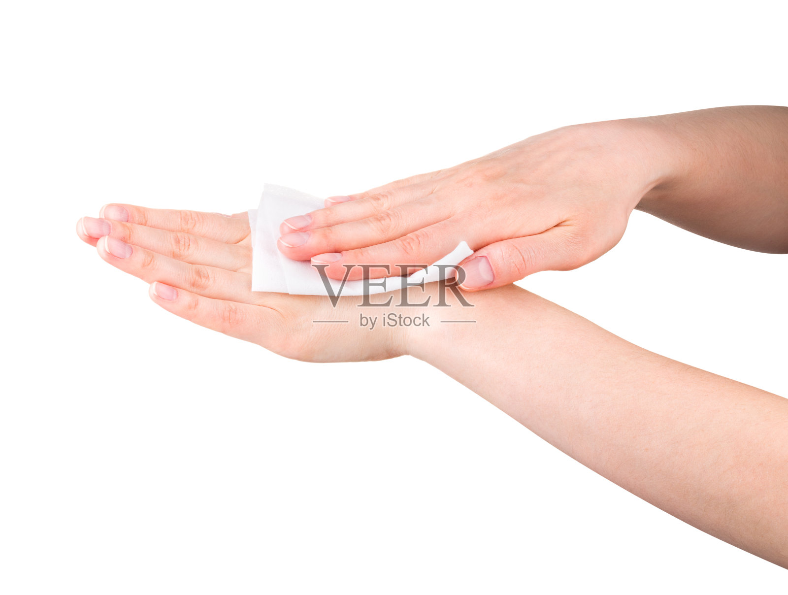 女性手用抗菌湿巾或纸巾隔离白色背景照片摄影图片