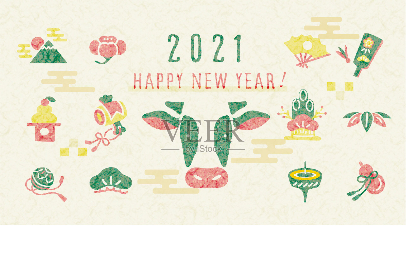 日本nenga 2021奶牛模板设计师插画图片素材