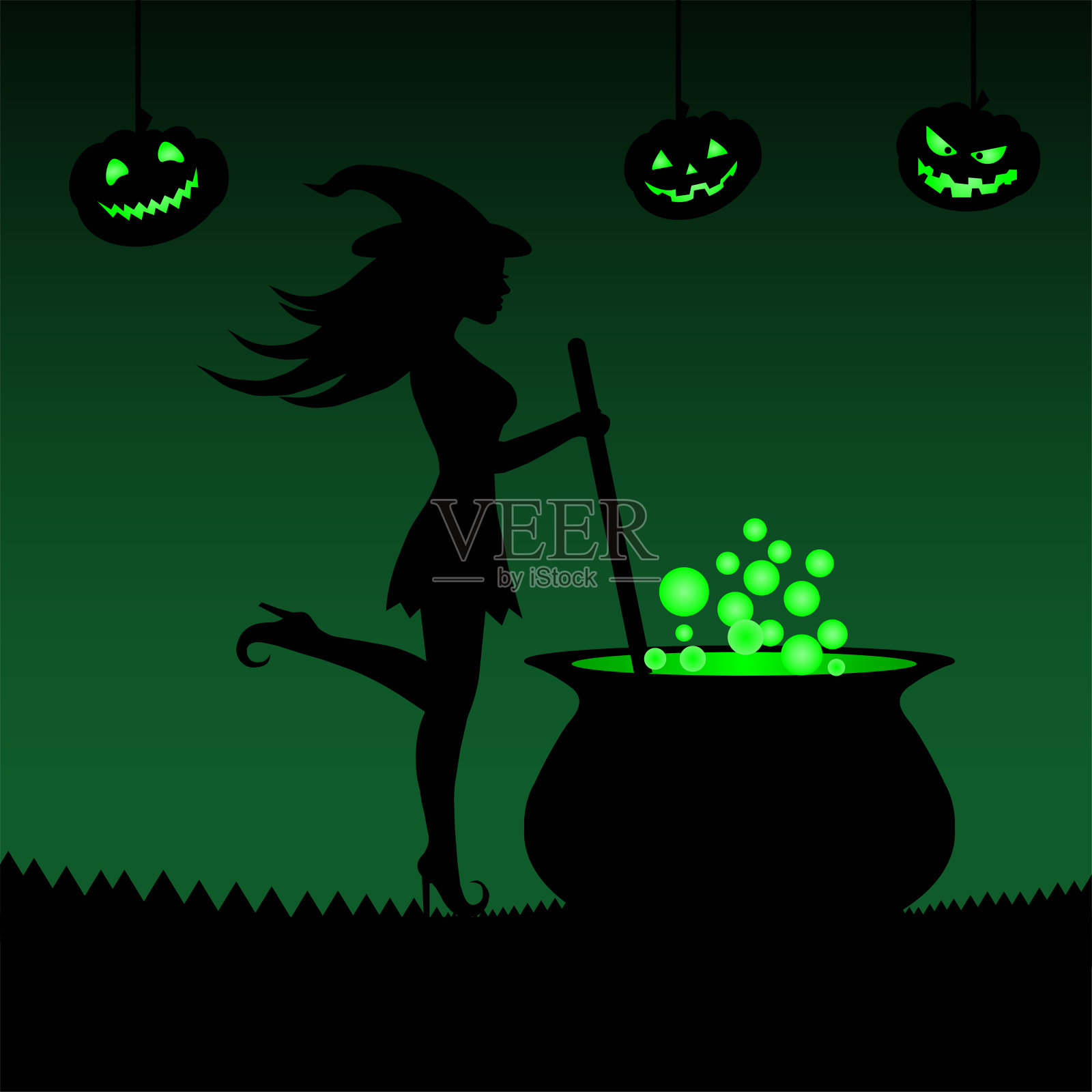Halloween celebration isolated character young witch in a hat brews a potion in a cauldron背景图片素材