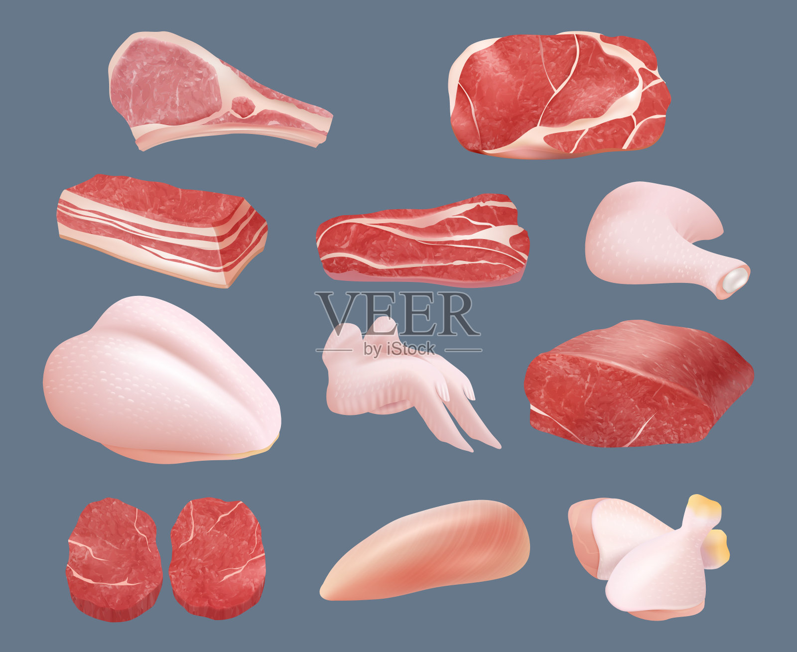 生肉。塑料透明包装与牛肉、鸡肉、猪肉和牛排制品动物切片部分矢量现实插画图片素材
