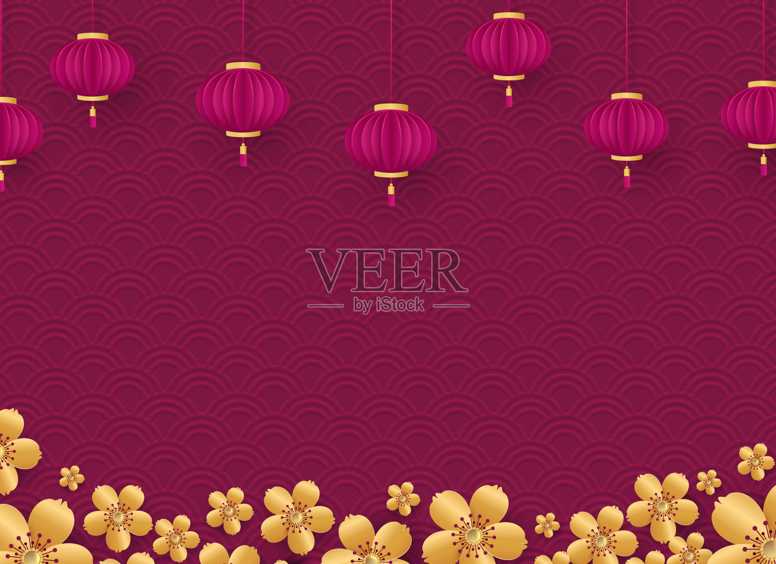 模板横幅，海报，明信片。金色的樱花和中国灯笼在粉红色的背景上浮雕。矢量图背景图片素材