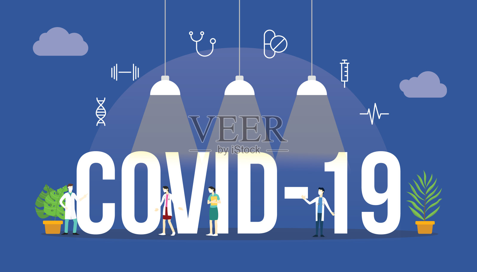 COVID-19冠状病毒概念与人、大文本字及相关图标平插画图片素材