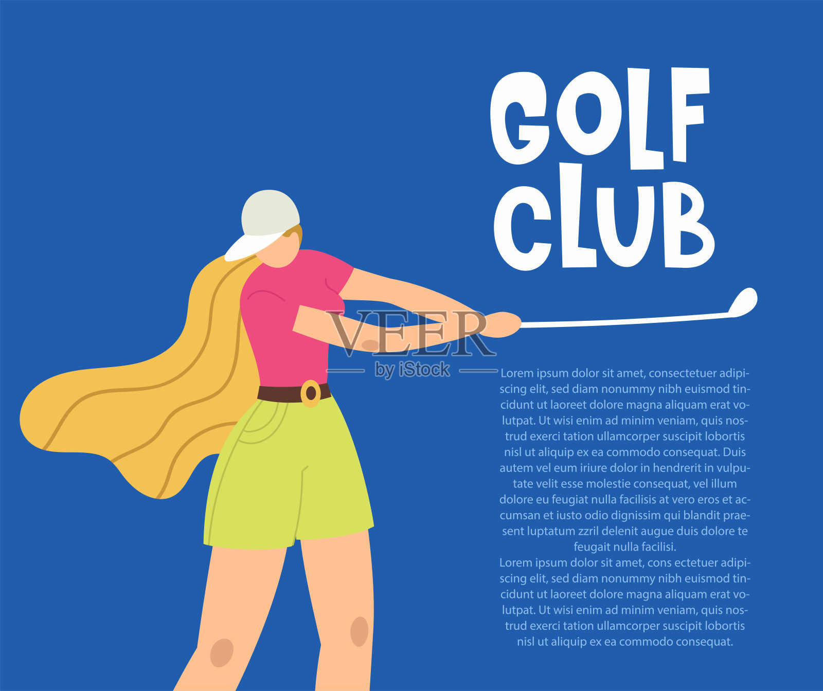 职业女子高尔夫球手用球杆击球。矢量平面手绘插图。女运动员在打高尔夫球。运动中的女孩。t恤的设计。女运动员在户外训练。卡通人物。插画图片素材