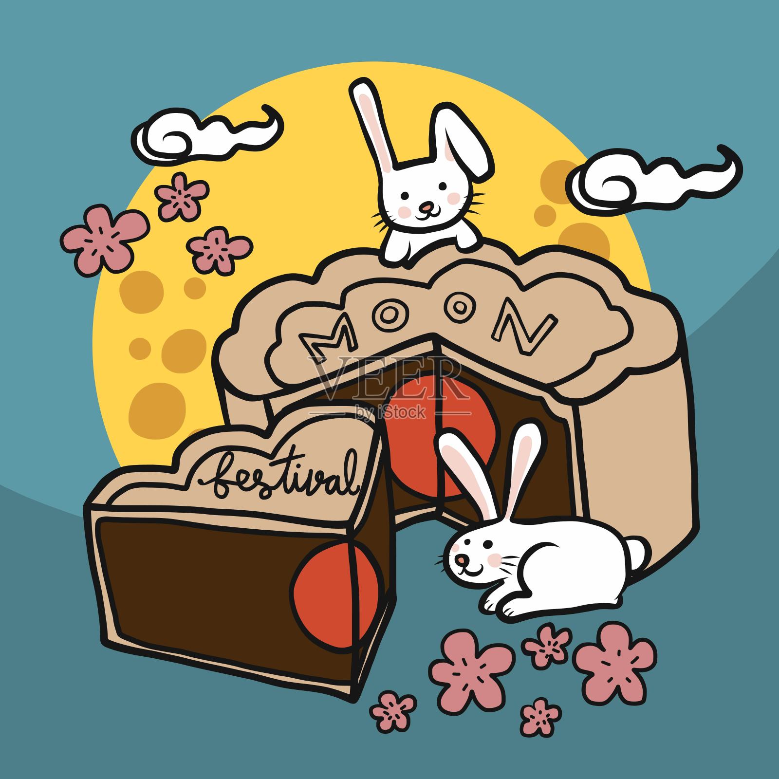 月饼节，兔子玩月饼和满月矢量插图卡通插画图片素材