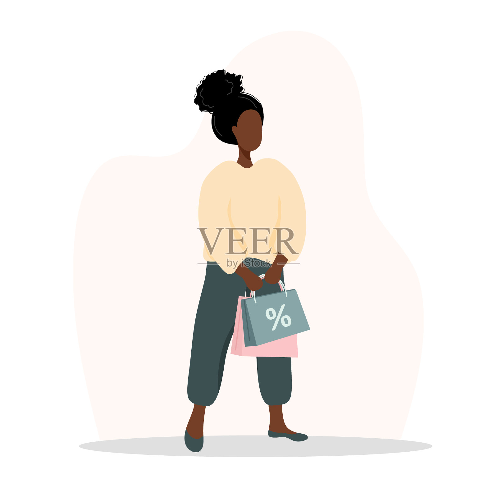 女人购物。快乐的非洲女孩提着包。矢量卡通插图孤立的白色背景。促销和销售模板。设计元素图片