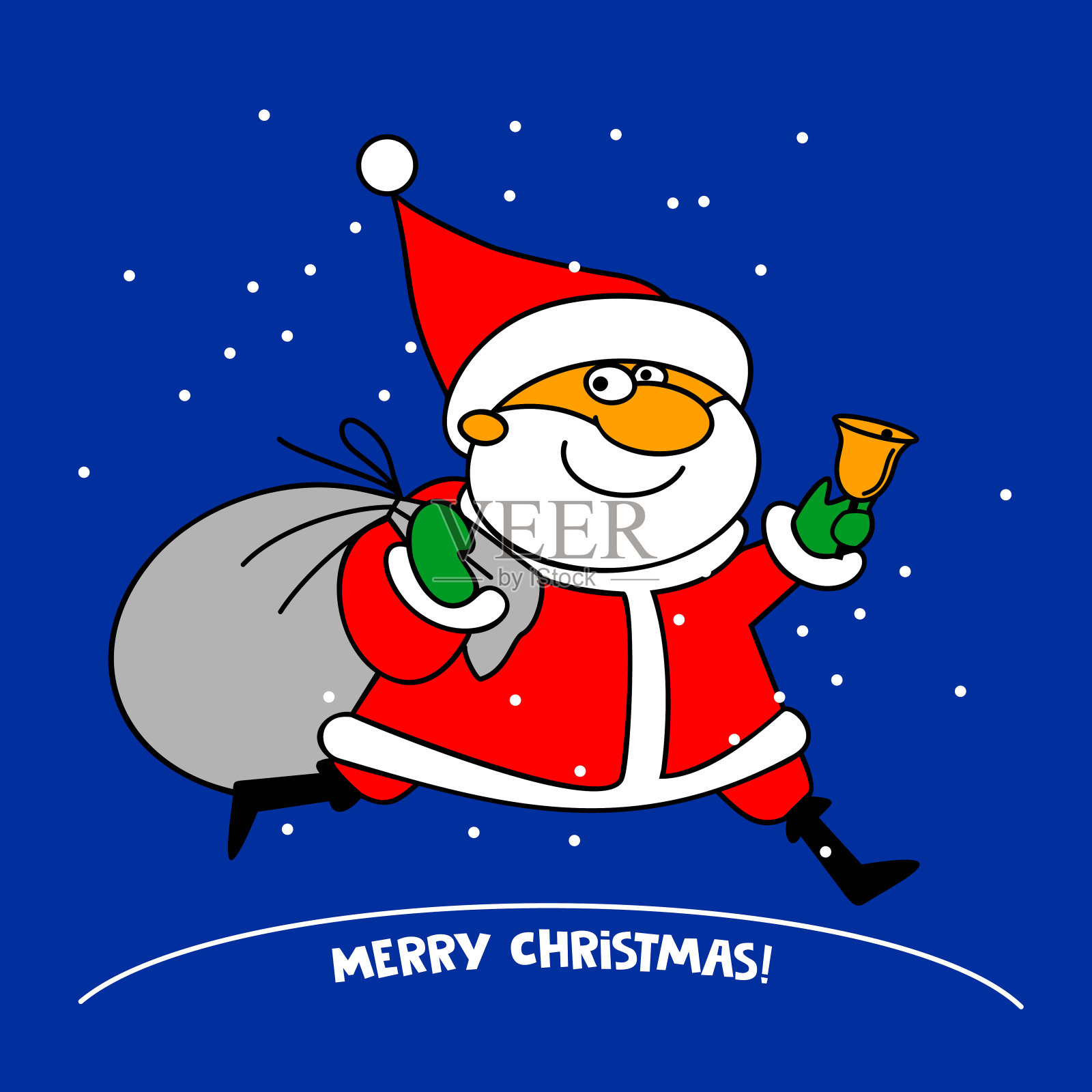 有趣的圣诞老人性格与一袋礼物和一个铃铛。用于圣诞卡、横幅和标签。卡通风格。圣诞节圣诞老人。矢量插图横横幅插画图片素材