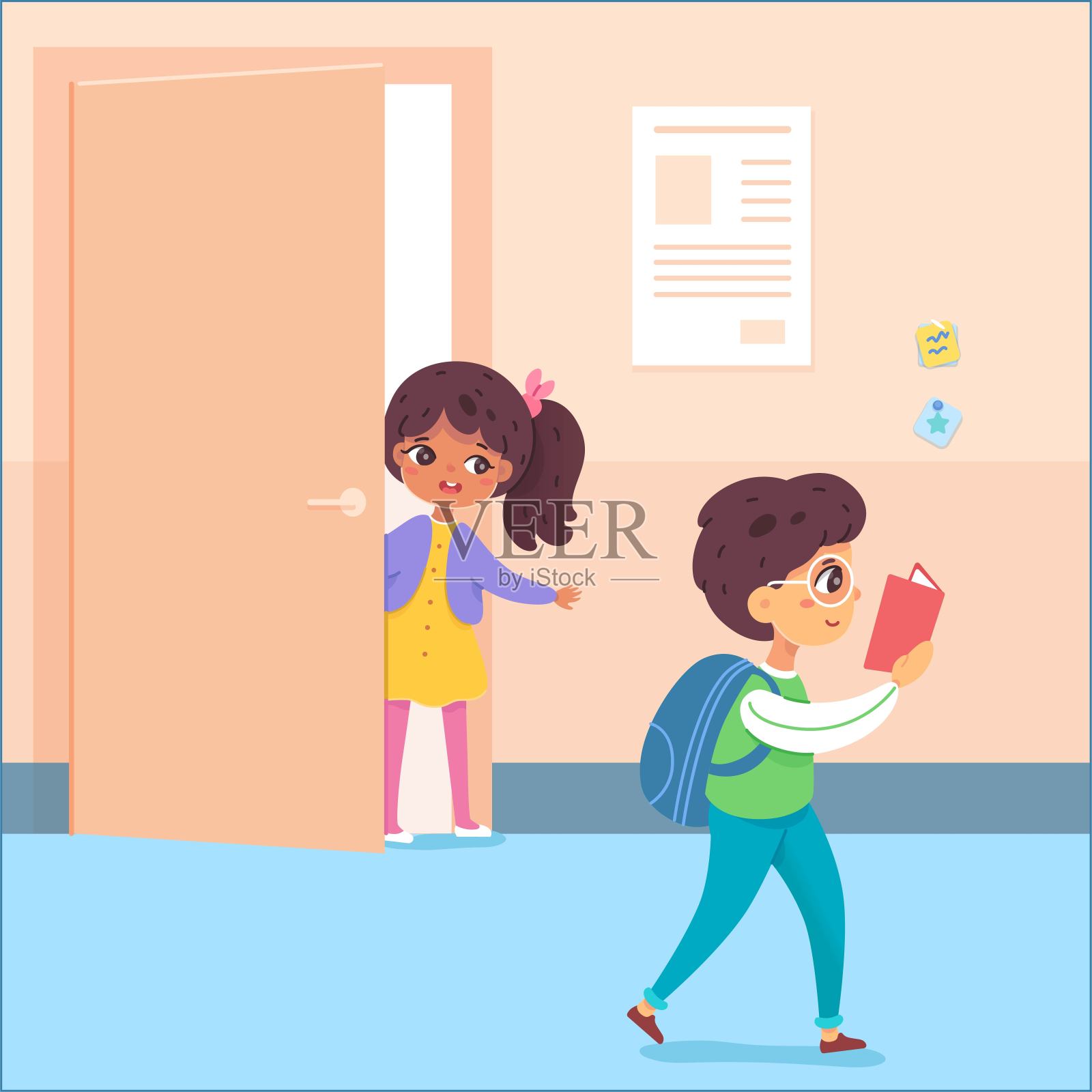 孩子们在学校休息。快乐可爱的男孩带着书走在走廊，微笑着，女孩站在教室门口。教育矢量插图。走廊的欢乐时光插画图片素材