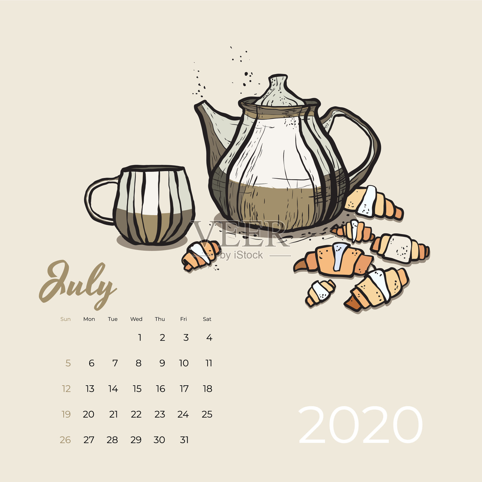 2020年7月日历美食和茶艺茶设计模板素材