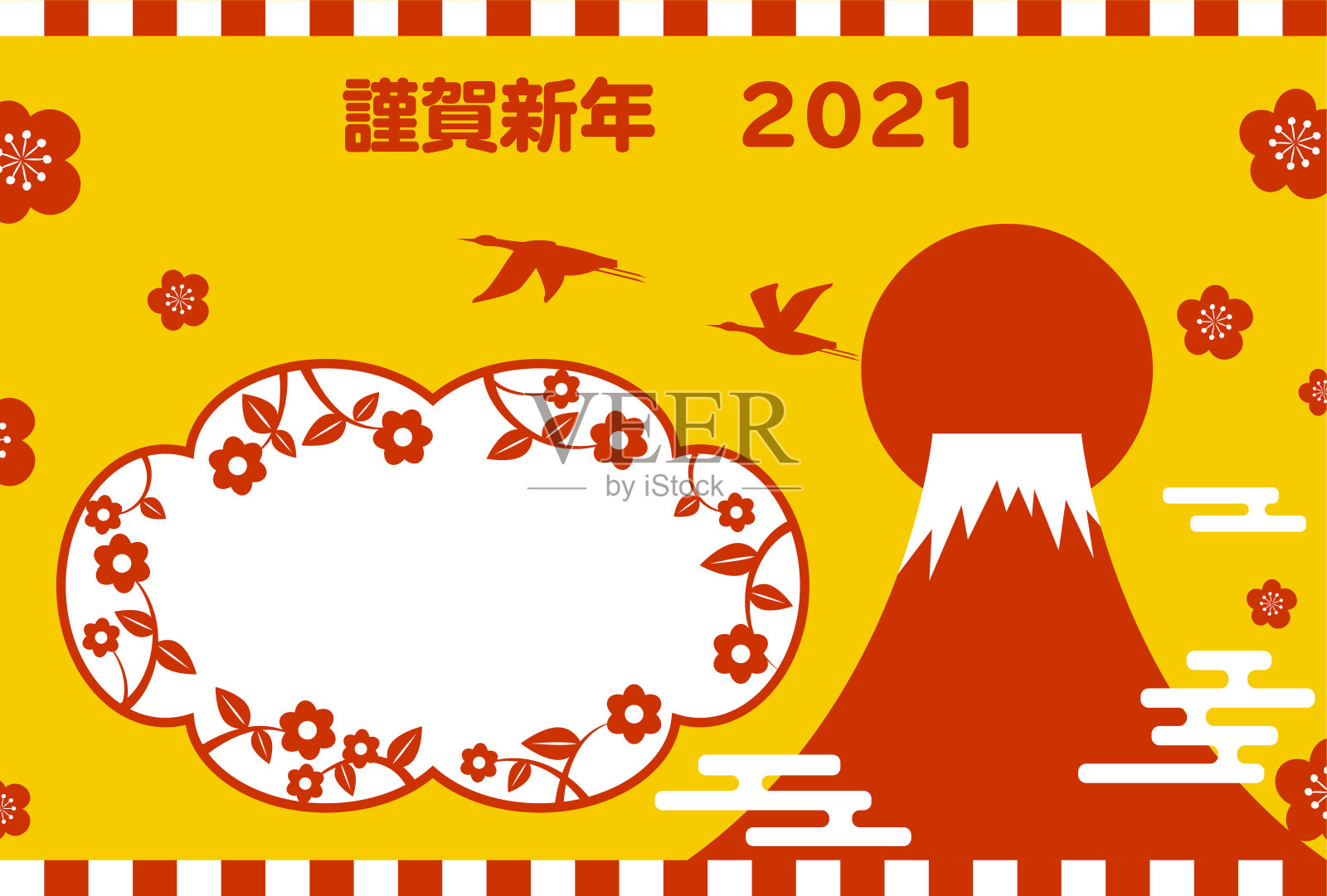 2021年新年卡片简单的相框富士山和一年的第一次日出设计模板素材