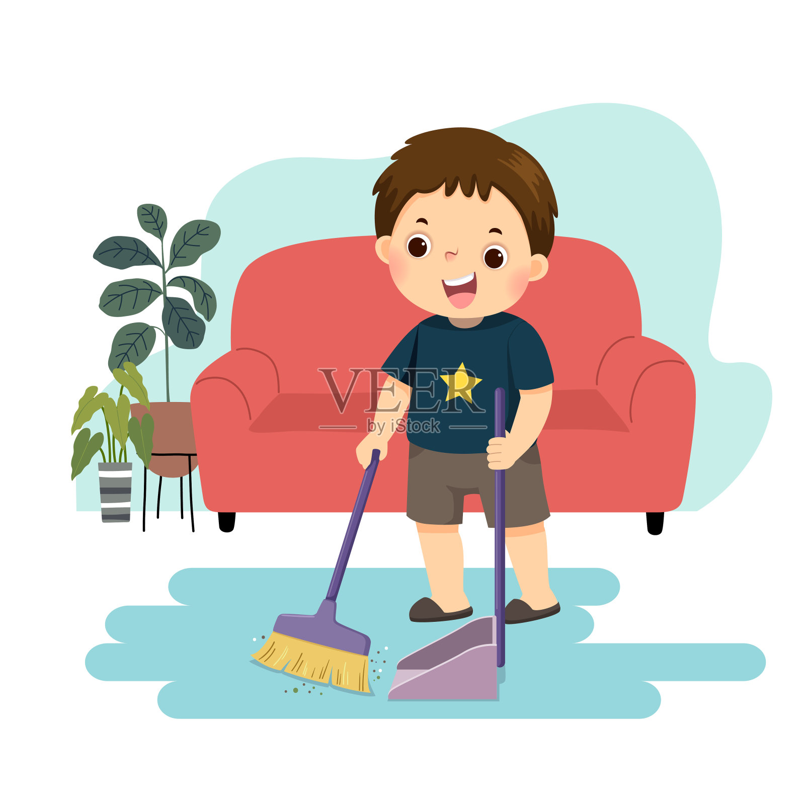 矢量插图卡通的一个小男孩扫地。孩子在家做家务的概念。设计元素图片