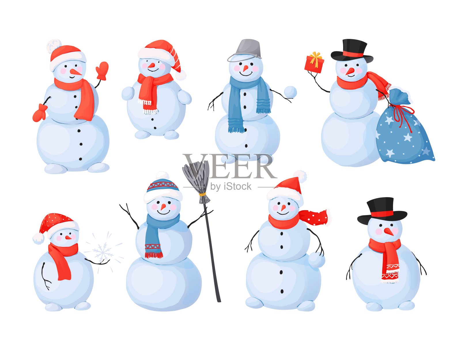 雪人。圣诞卡通人物的笑脸，冬季户外活动的雕塑。雪和冰图形由白色的球与围巾和帽子，胡萝卜鼻子矢量孤立设置设计元素图片