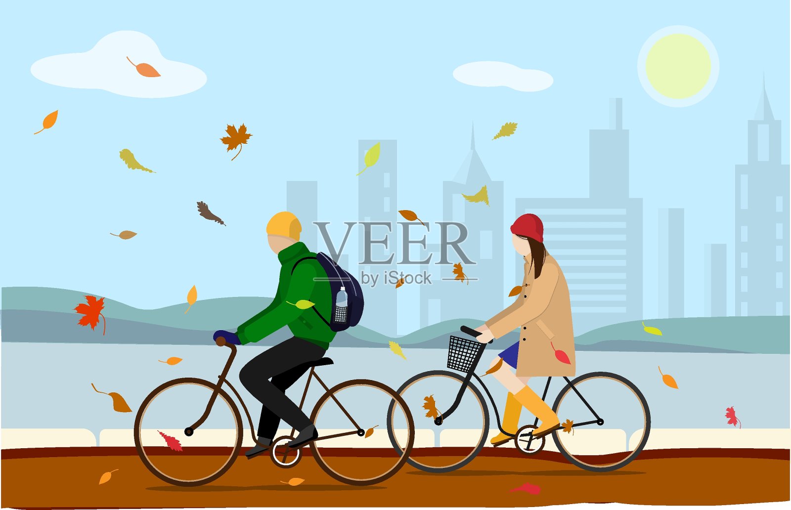 女孩和男孩在公园里骑自行车。秋城秋叶落。秋装:外套、保暖夹克、胶靴插画图片素材