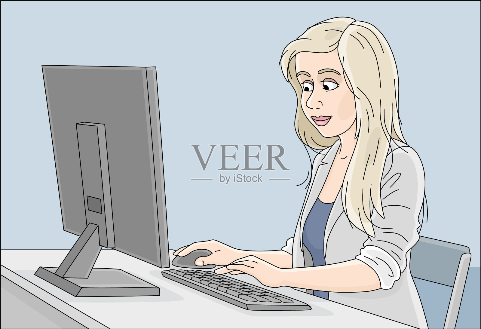 在电脑前工作的女孩插画图片素材