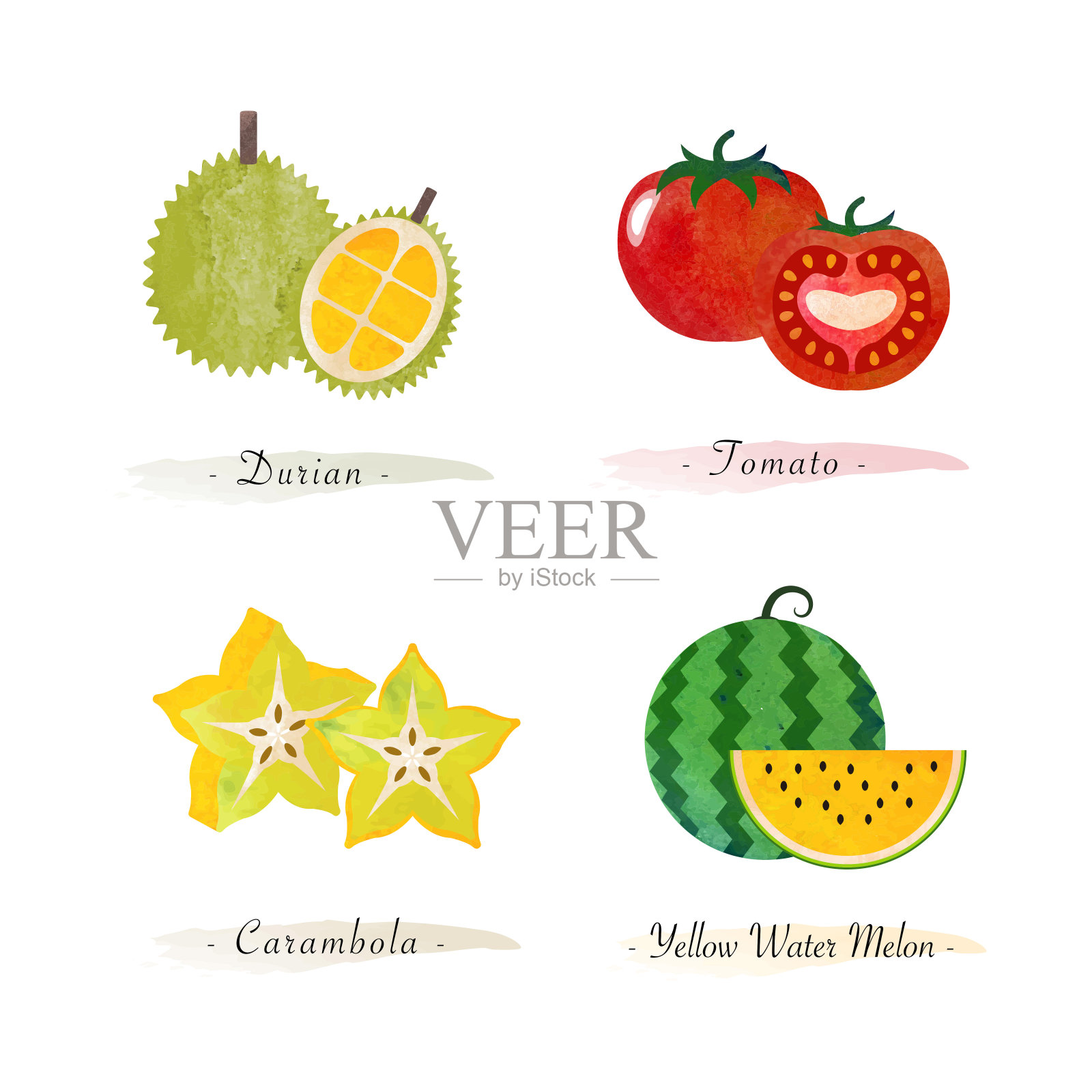 有机天然健康食品水果榴莲西红柿杨桃西瓜插画图片素材