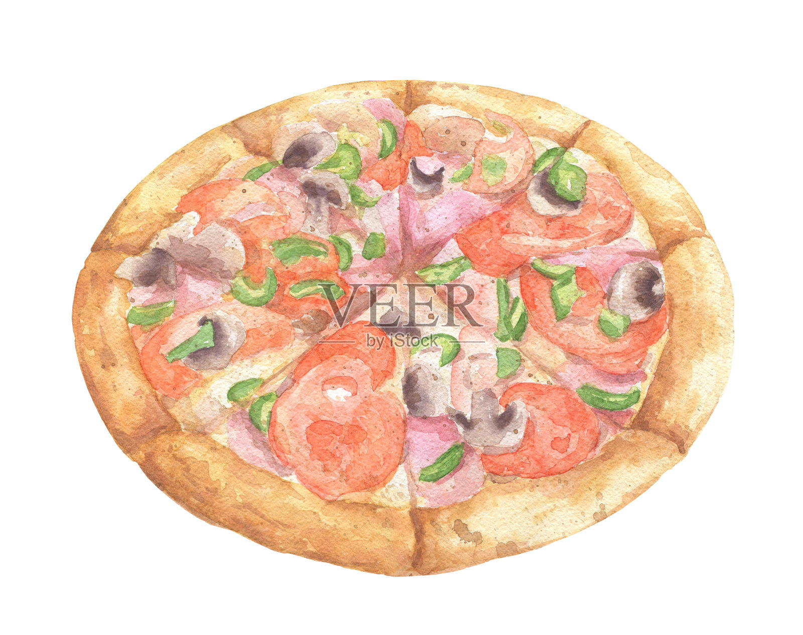 手绘水彩快餐全尺寸披萨插图，孤立在白色背景。食物的设计。设计元素图片