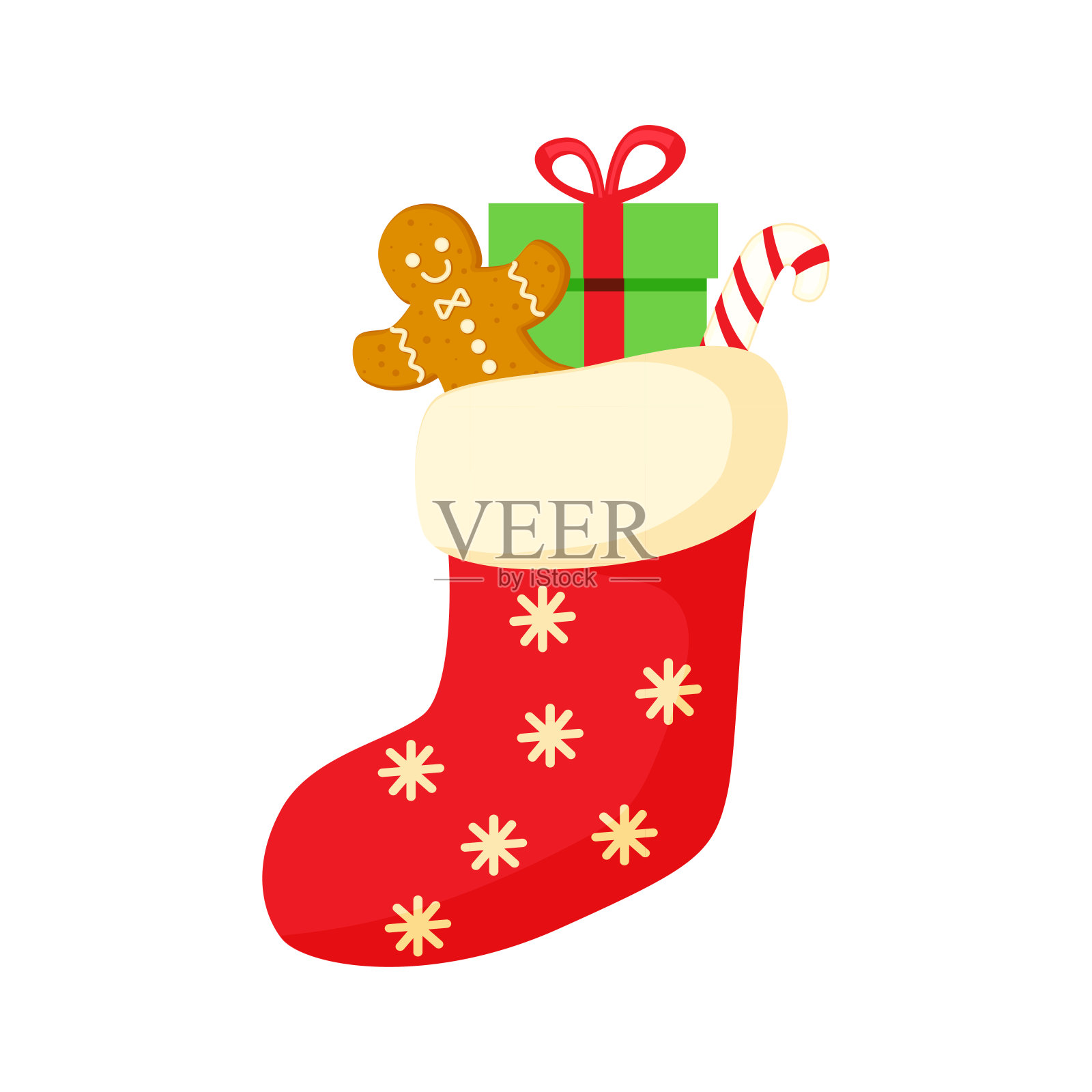 圣诞红袜糖果，姜饼人和礼物矢量插图孤立在白色背景。插画图片素材