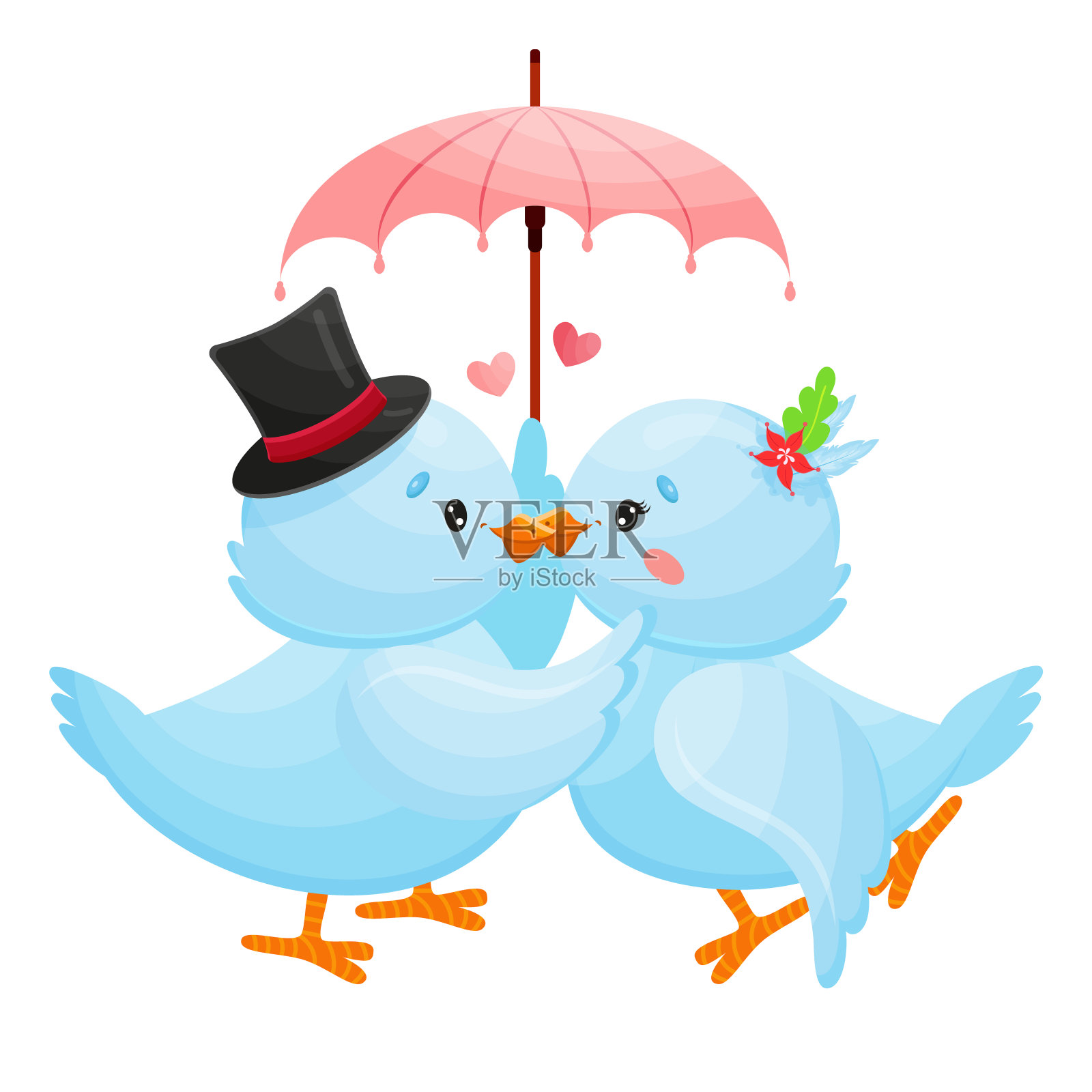 浪漫的青鸟在爱情伞下接吻。插画图片素材