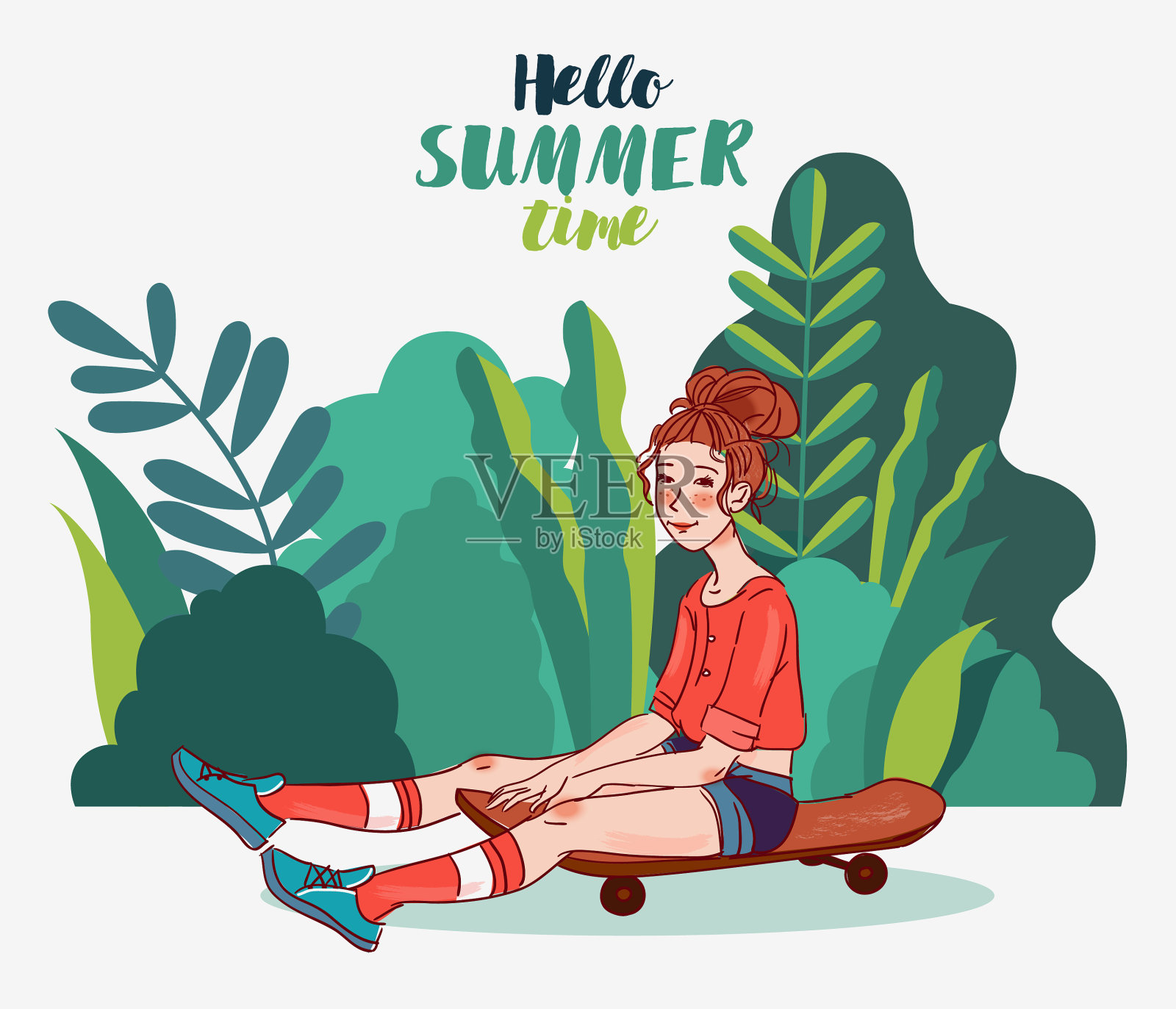 在公园里玩滑板的女孩。自然景观背景。暑假插图。休假时间插画图片素材