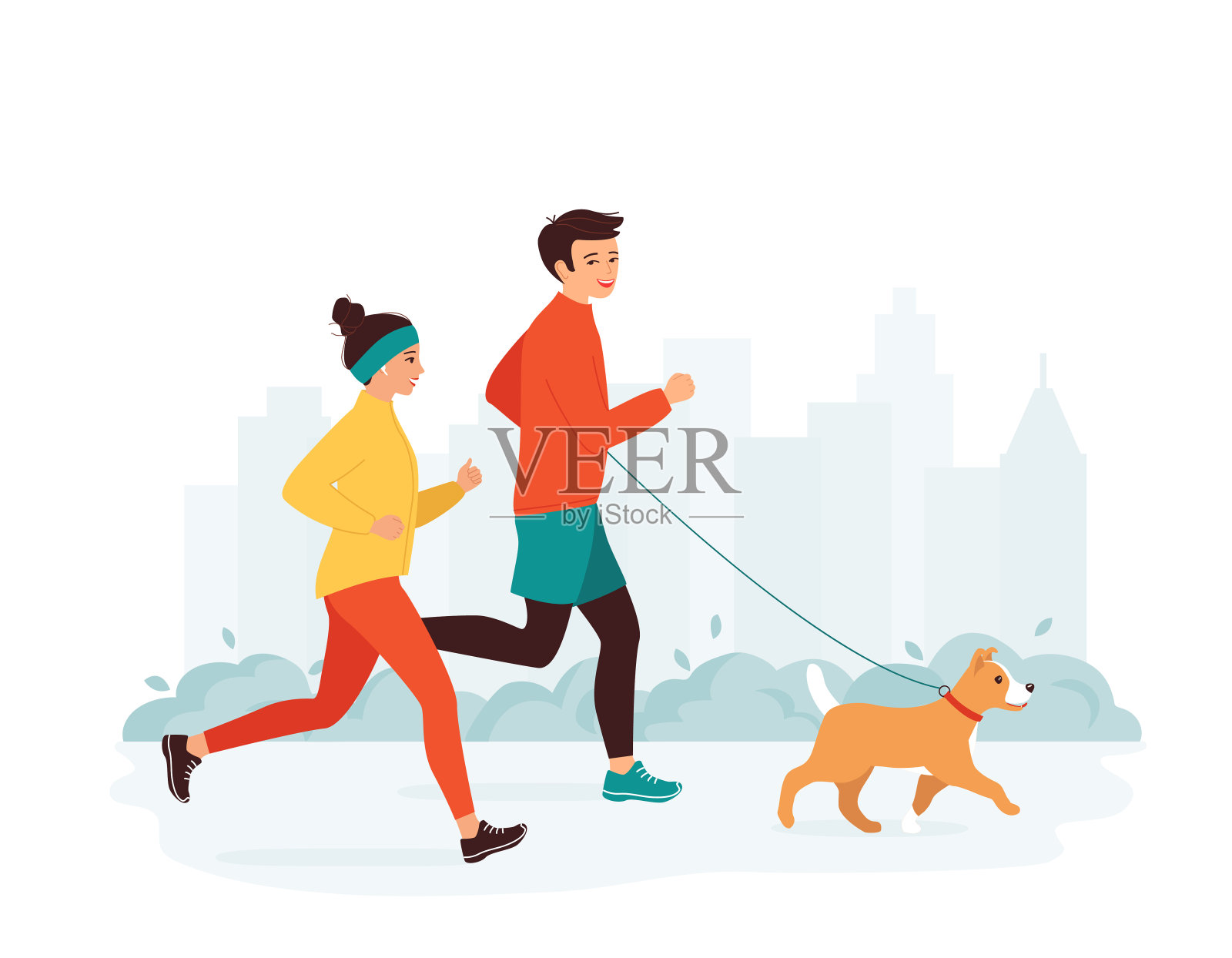 一名年轻男子和一名女子带着一只狗在城市公园里跑步。家庭积极健康生活理念，休闲活动，周末活动。早上,晚上慢跑。矢量图插画图片素材