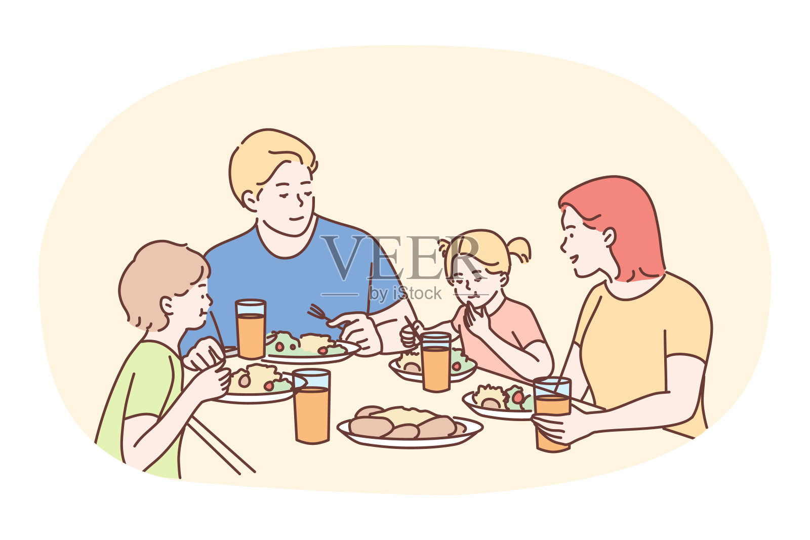 幸福的家庭在家里共进晚餐或早餐插画图片素材