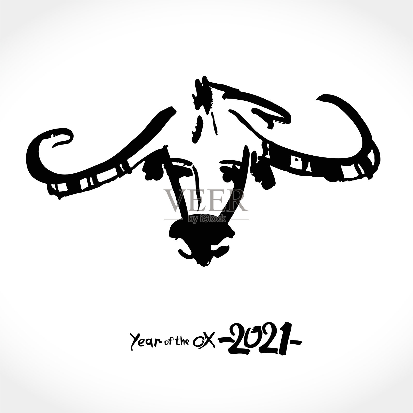 中国的十二生肖是白牛。阴历星座有牛、牛、牛。2021年春节快乐。黑色水墨毛笔书法符号的2021年。插画图片素材