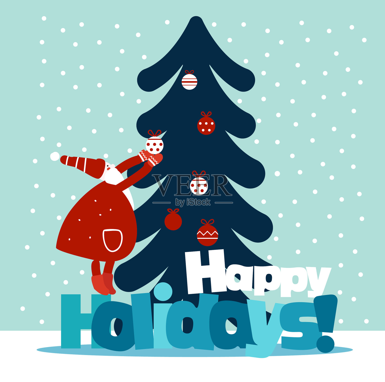 有趣的圣诞老人用节日玩具装饰圣诞树。可爱的冬季节日卡片。时尚的圣诞和新年矢量插图插画图片素材