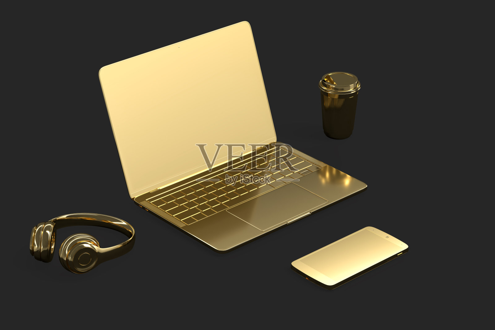 极简主义插图的金色笔记本电脑和配件。三维演示照片摄影图片