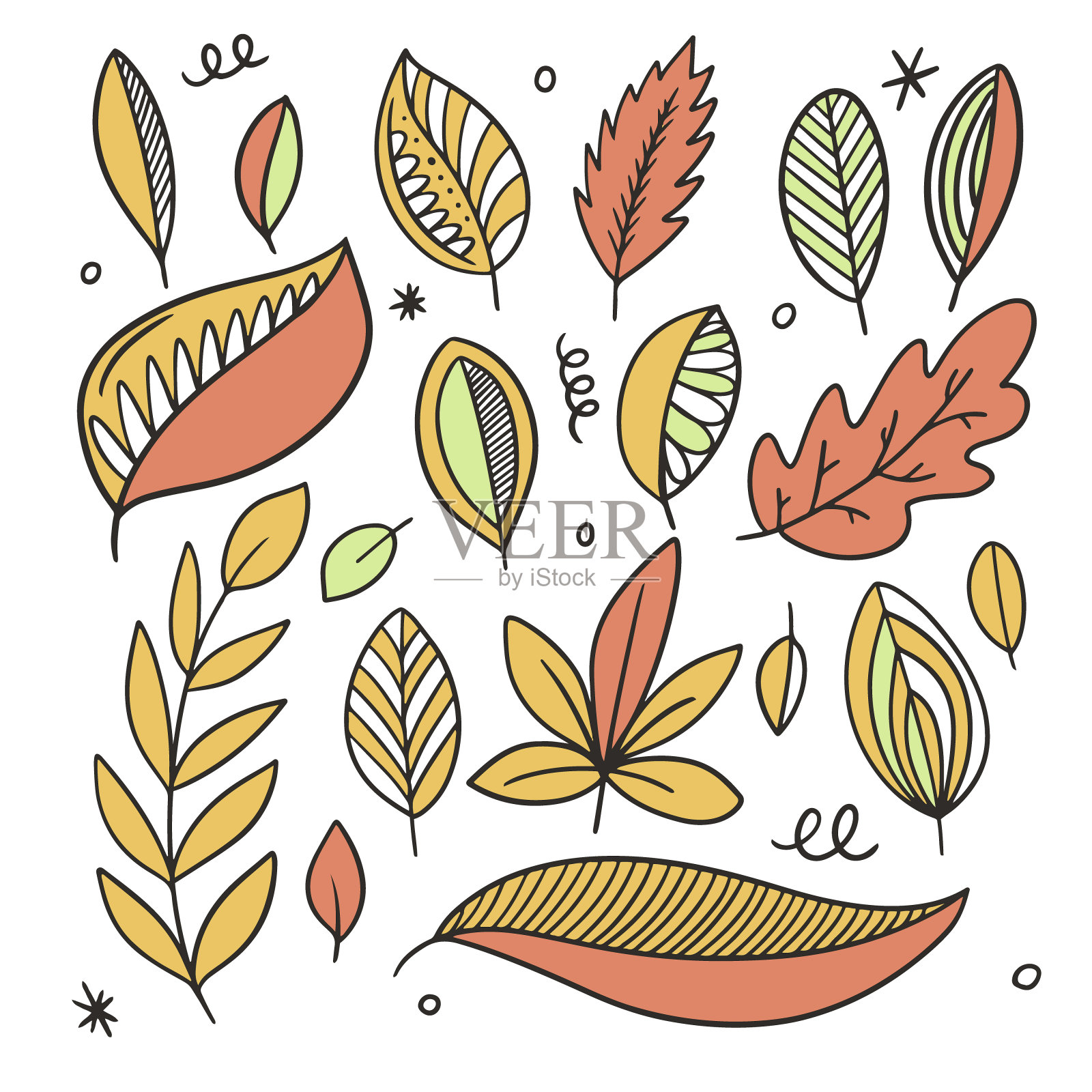 秋天的落叶。线条艺术风格丰富多彩。手绘草图。设计元素图片