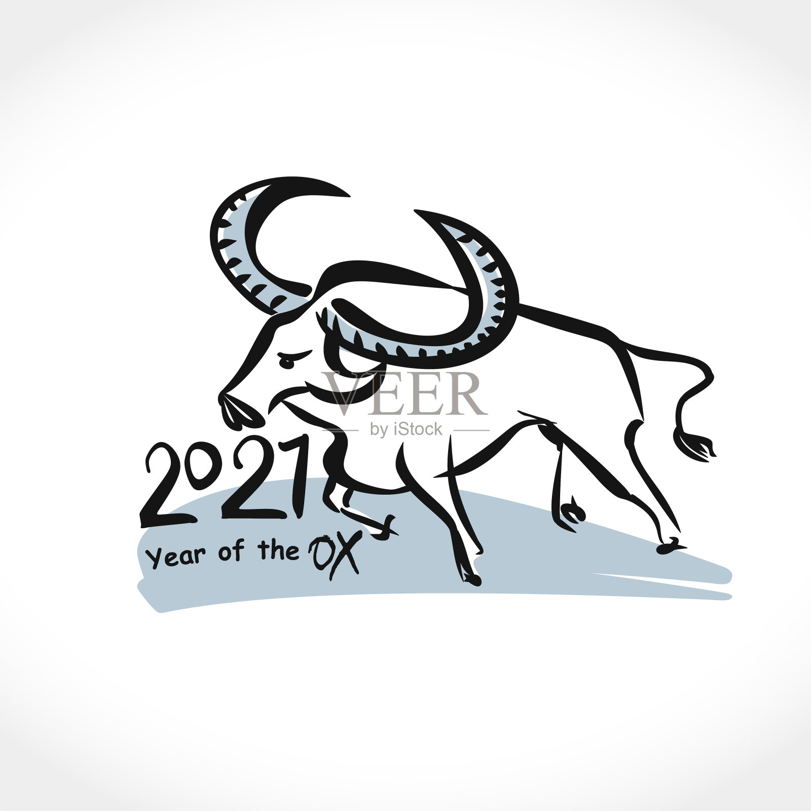 中国的十二生肖是牛年。印有白公牛的明信片。黑色水墨毛笔书法符号的2021年。矢量元素为平面风格的新年设计。2021年牛年插画。插画图片素材
