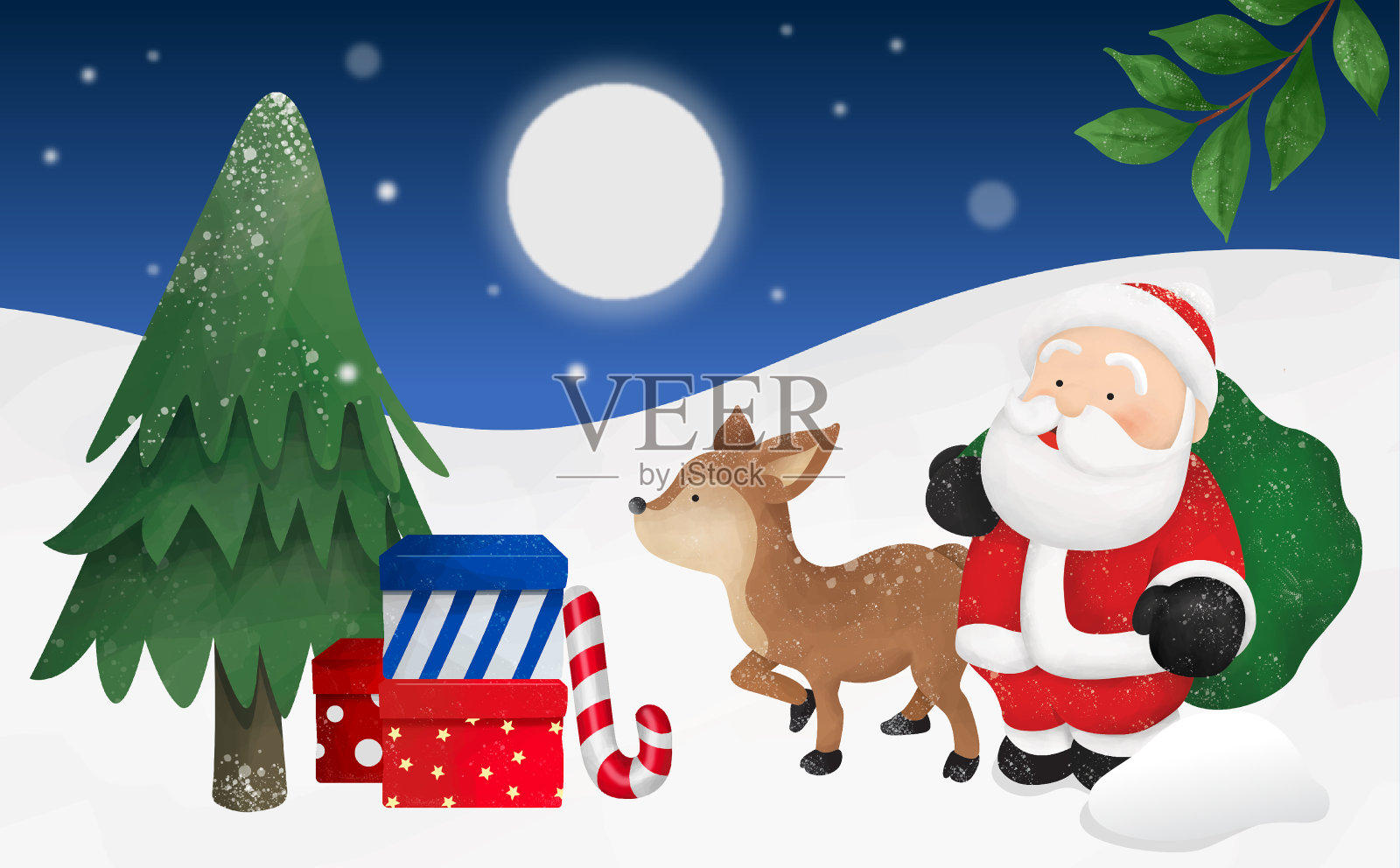 圣诞老人带着鹿和树过圣诞节插画图片素材