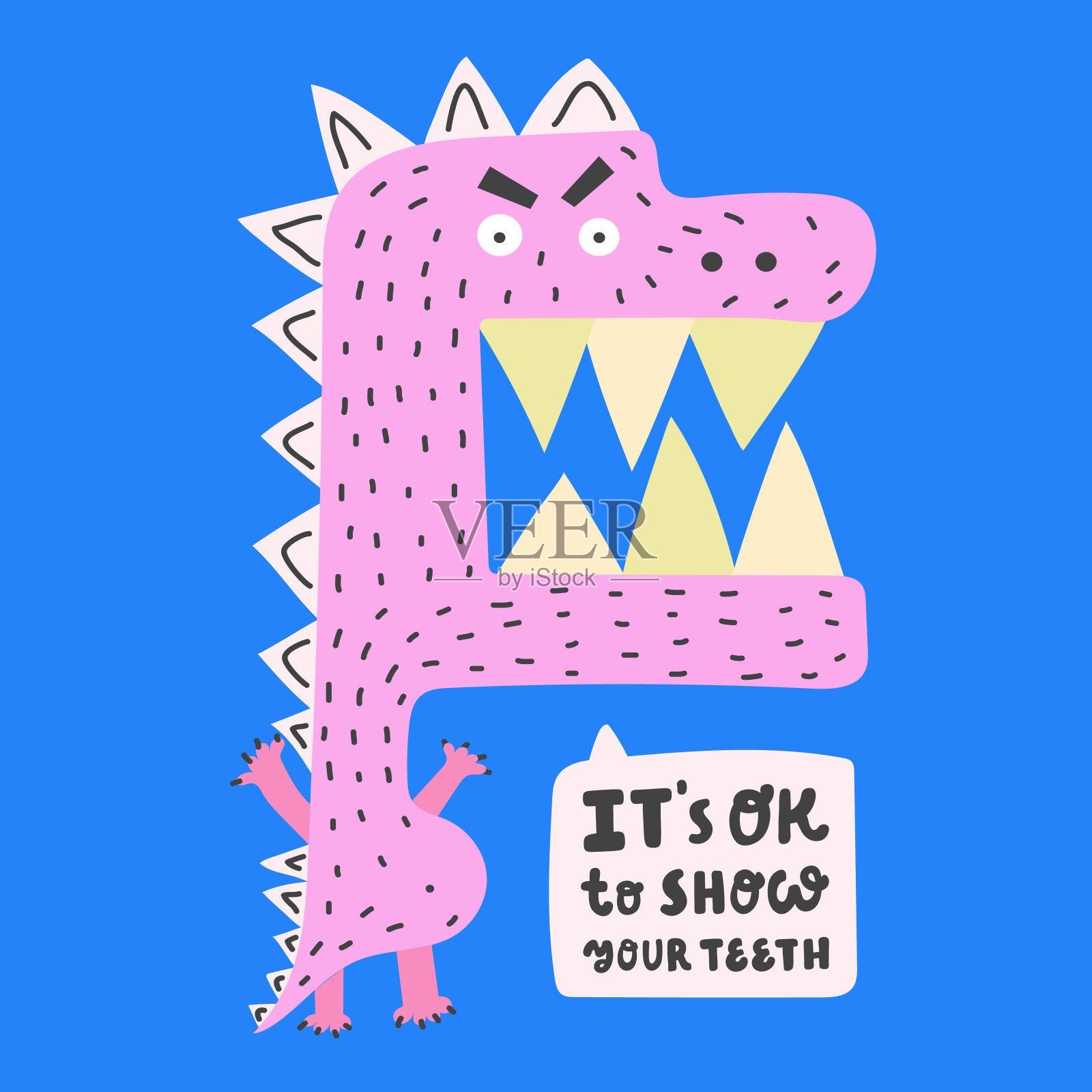 露出牙齿是可以的。手绘的粉红色恐龙在蓝色的背景。插画图片素材