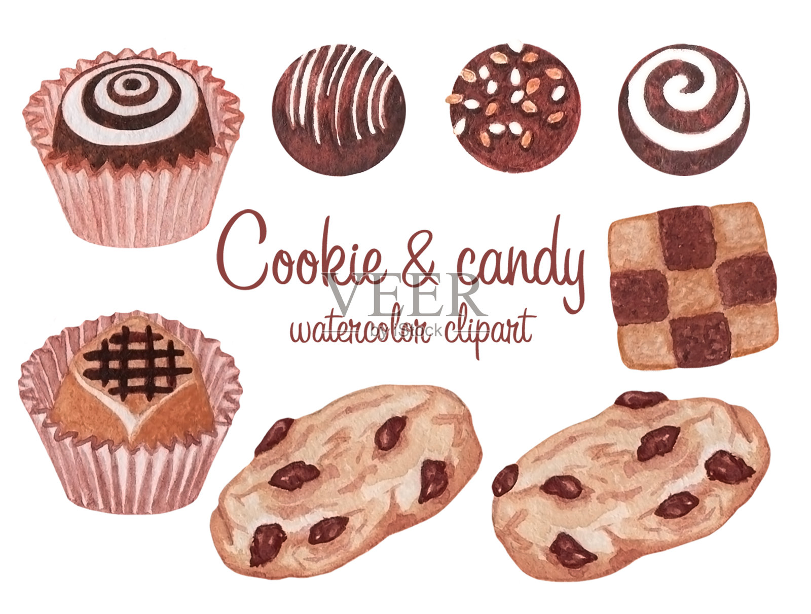 水彩饼干剪辑艺术，糖果手杖，巧克力饼干插图，手绘饼干孤立插画图片素材