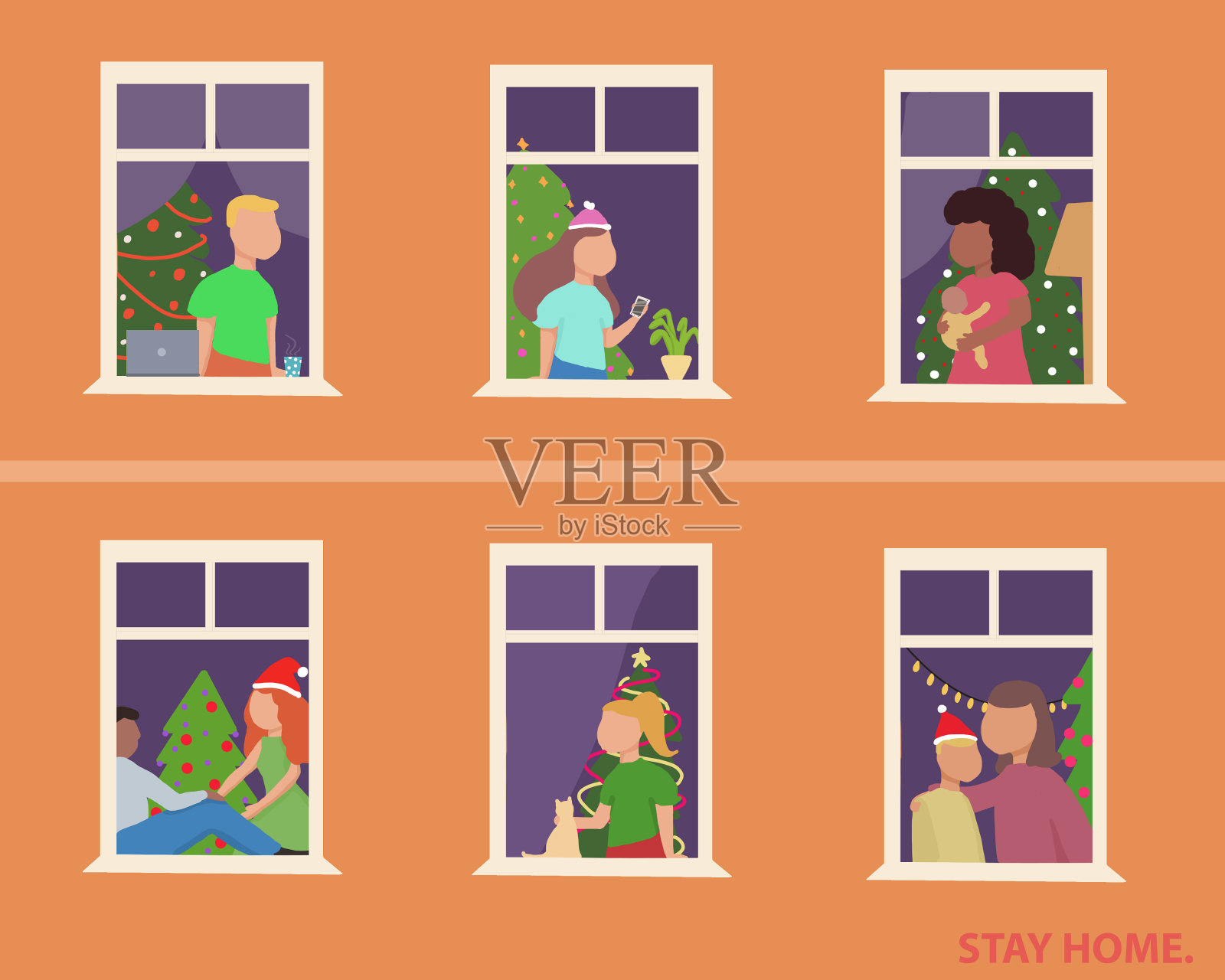 新年庆祝，因为新冠病毒大流行，每个人都在家里-一个快乐的人与家人一起度过假期的美丽故事插画图片素材