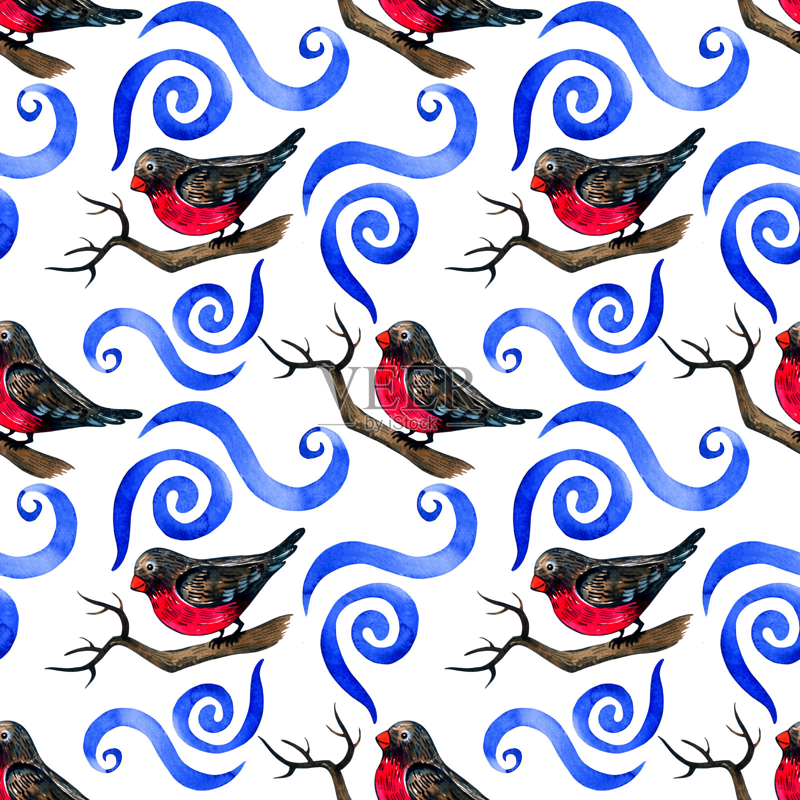 冬季无缝图案用一只鸟在树枝上和冬季蓝色抽象点缀。水彩插图上的白色背景。插画图片素材