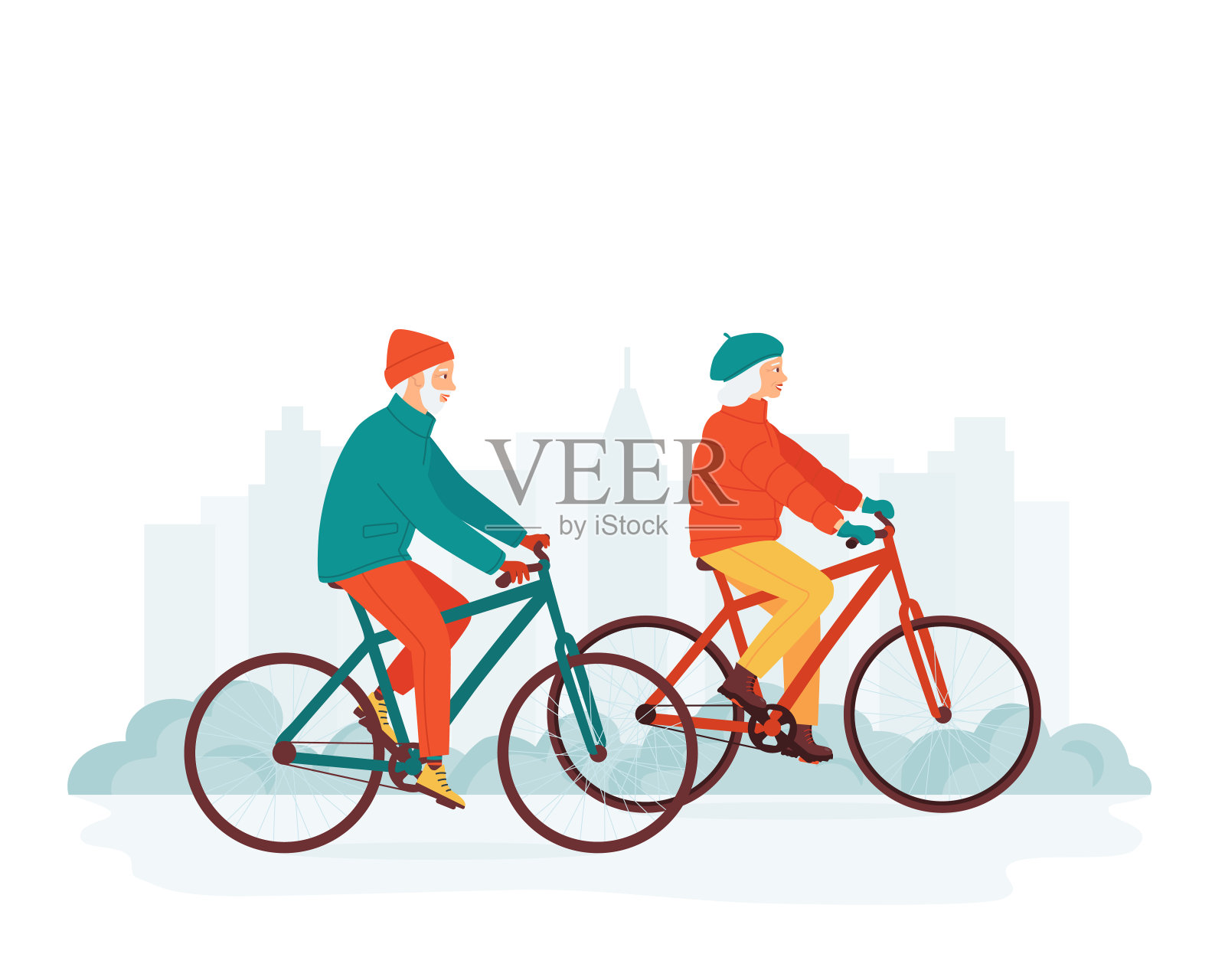 健康快乐的白发老人和女人一起在城市公园里骑自行车。退休老年夫妇户外活动概念。积极的健康的老年人。矢量图设计元素图片