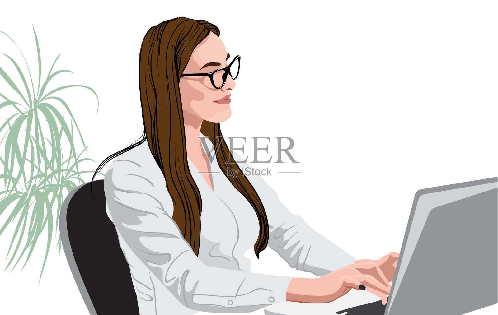 一个穿着白衬衫，戴着眼镜的开朗的黑发女人插画图片素材