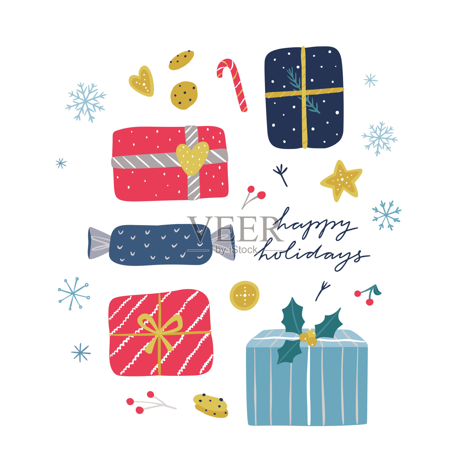 圣诞礼物矢量剪纸。节日快乐卡与可爱的冬季插图:礼物，饼干，雪花插画图片素材