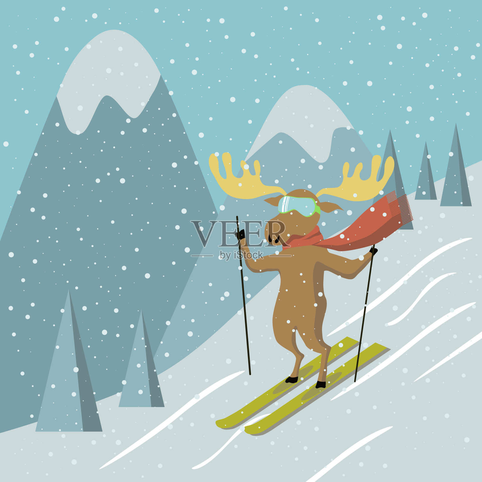 麋鹿从滑雪板上滚下来，靠在山上。滑雪麋鹿。插画图片素材