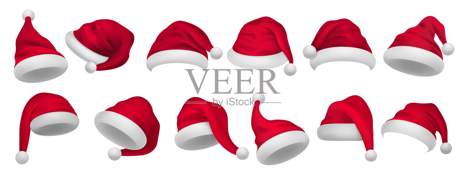 圣诞帽。圣诞老人圣诞装饰元素不同角度，新年寒假红白帽子收藏。现实的节日头饰，矢量孤立的服装套装设计元素图片