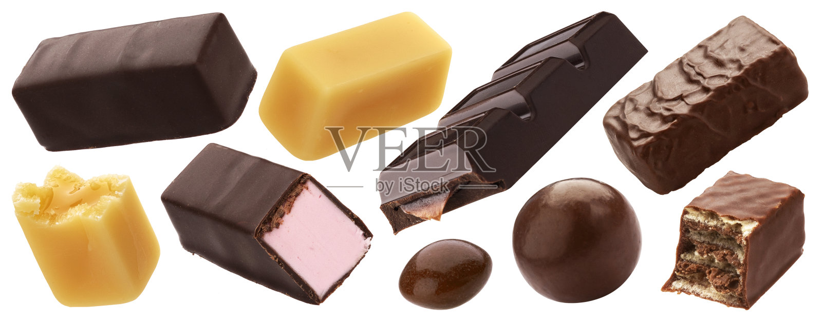巧克力集合，不同的糖果孤立在白色的背景照片摄影图片