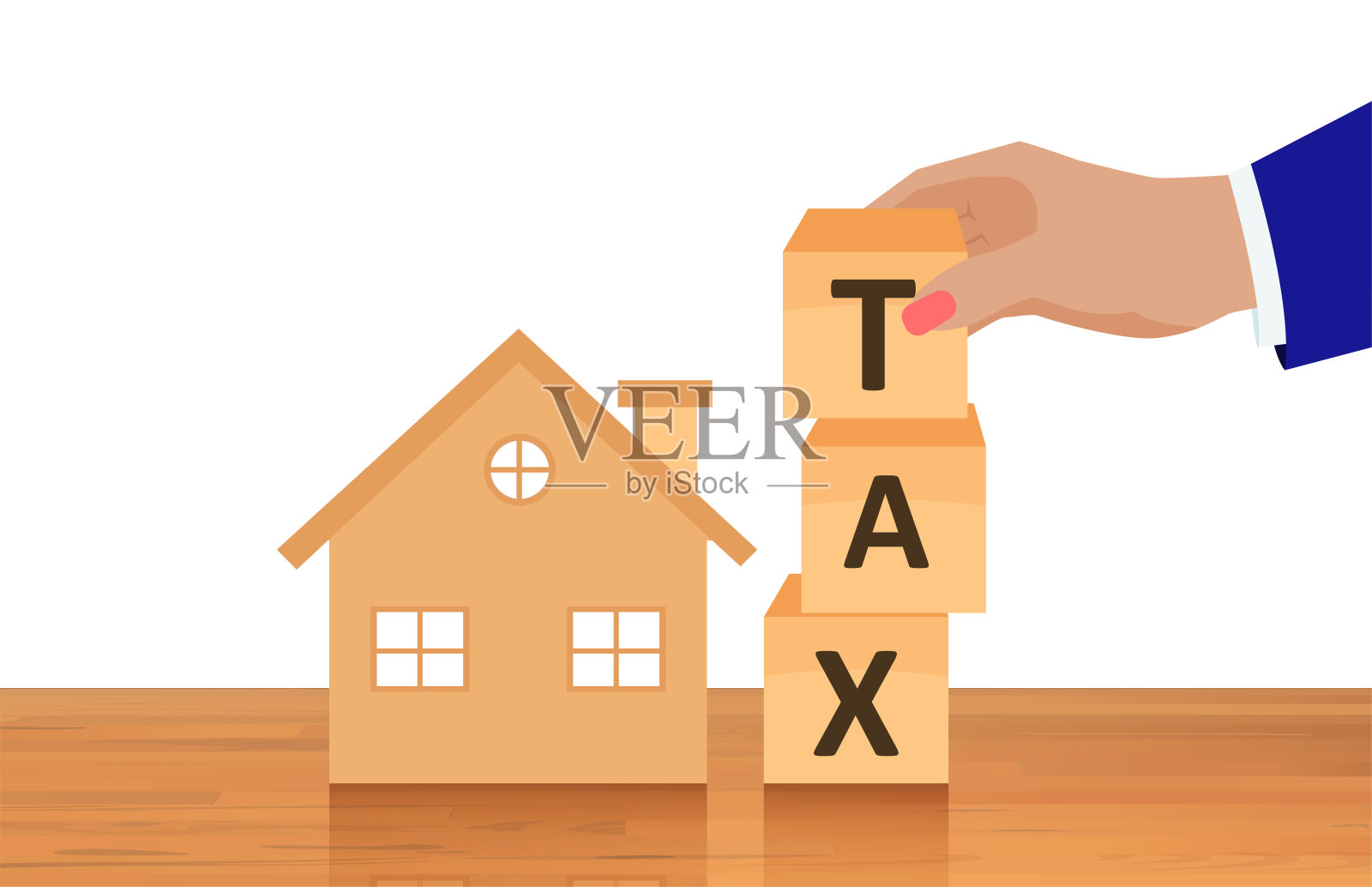 一个房子的矢量和一个商人用木立方体组成单词税插画图片素材
