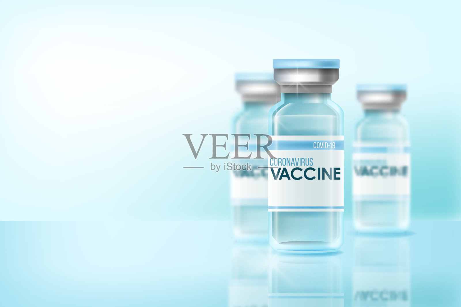 冠状病毒疫苗大流行预防医学媒介概念与玻璃瓶，地板反射，蓝色背景。设计元素图片