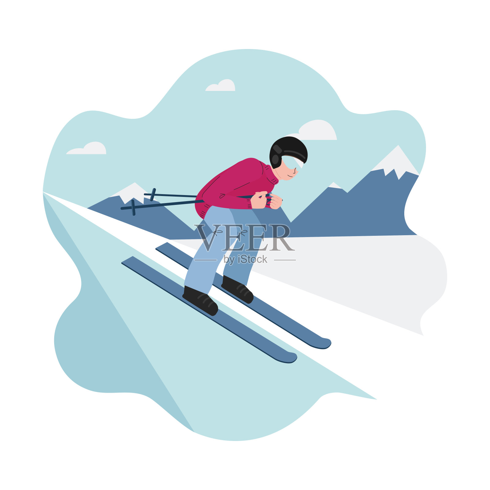 在冬季滑雪运动的旗帜上，一个人滑着滑雪板冲下山坡。山的剪影背景上的人。矢量插图在平坦的风格-粉红色，蓝色，白色的颜色。插画图片素材