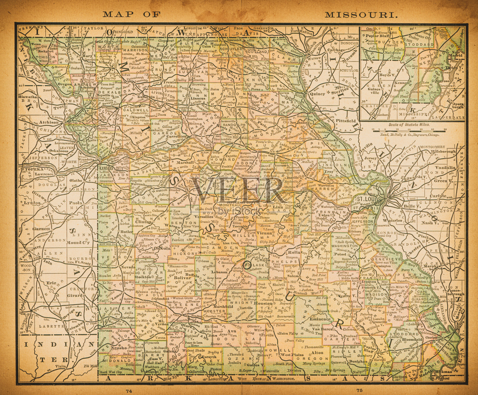 19世纪密苏里州的地图插画图片素材