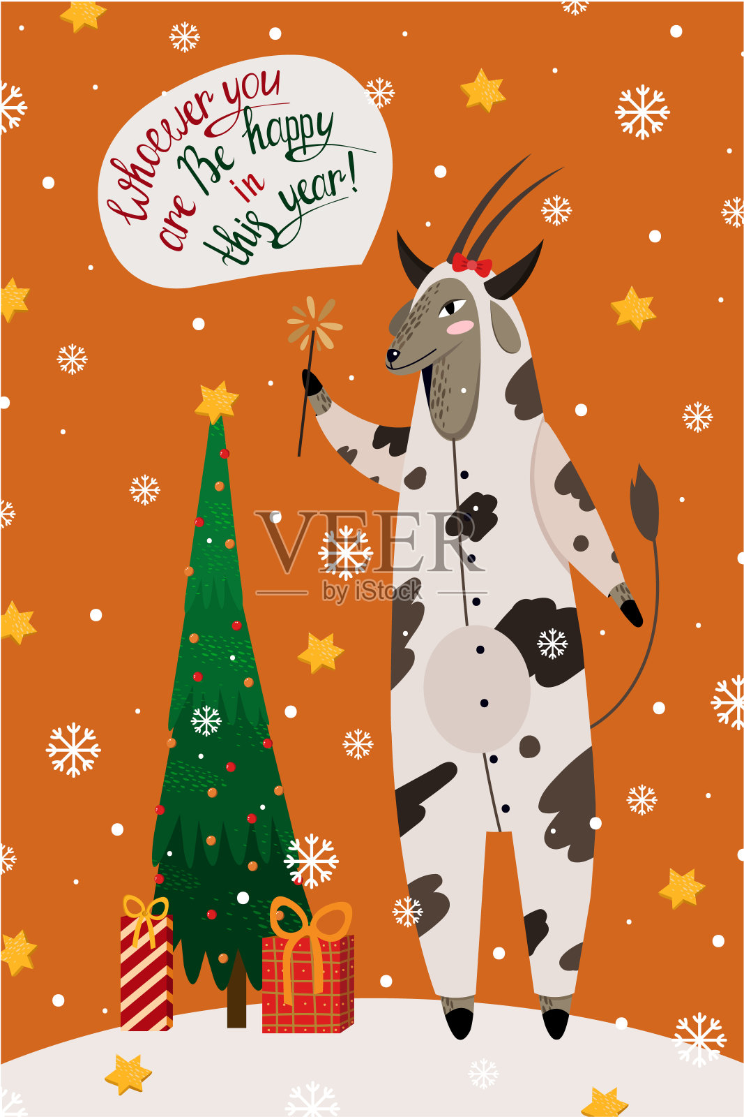 2021年的羊年睡衣牛造型贺年卡。矢量插图的山羊在橙色的背景与圣诞树插画图片素材